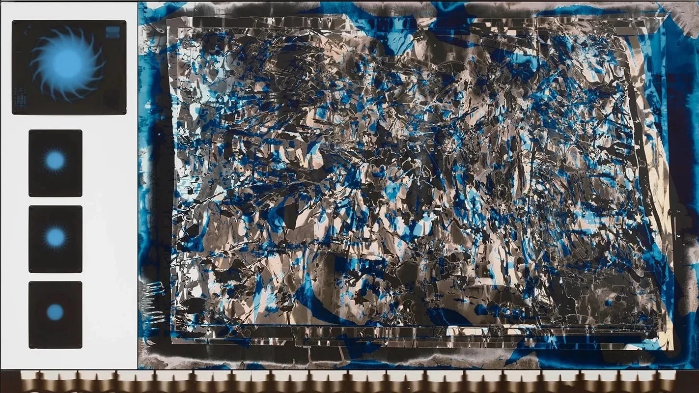 Solar Array (2025)  Unique chemical painting on light-sensitive silver gelatin paper, x-rays, photogram on silver gelatin paper 91 3/4 x 103 x 2 inches