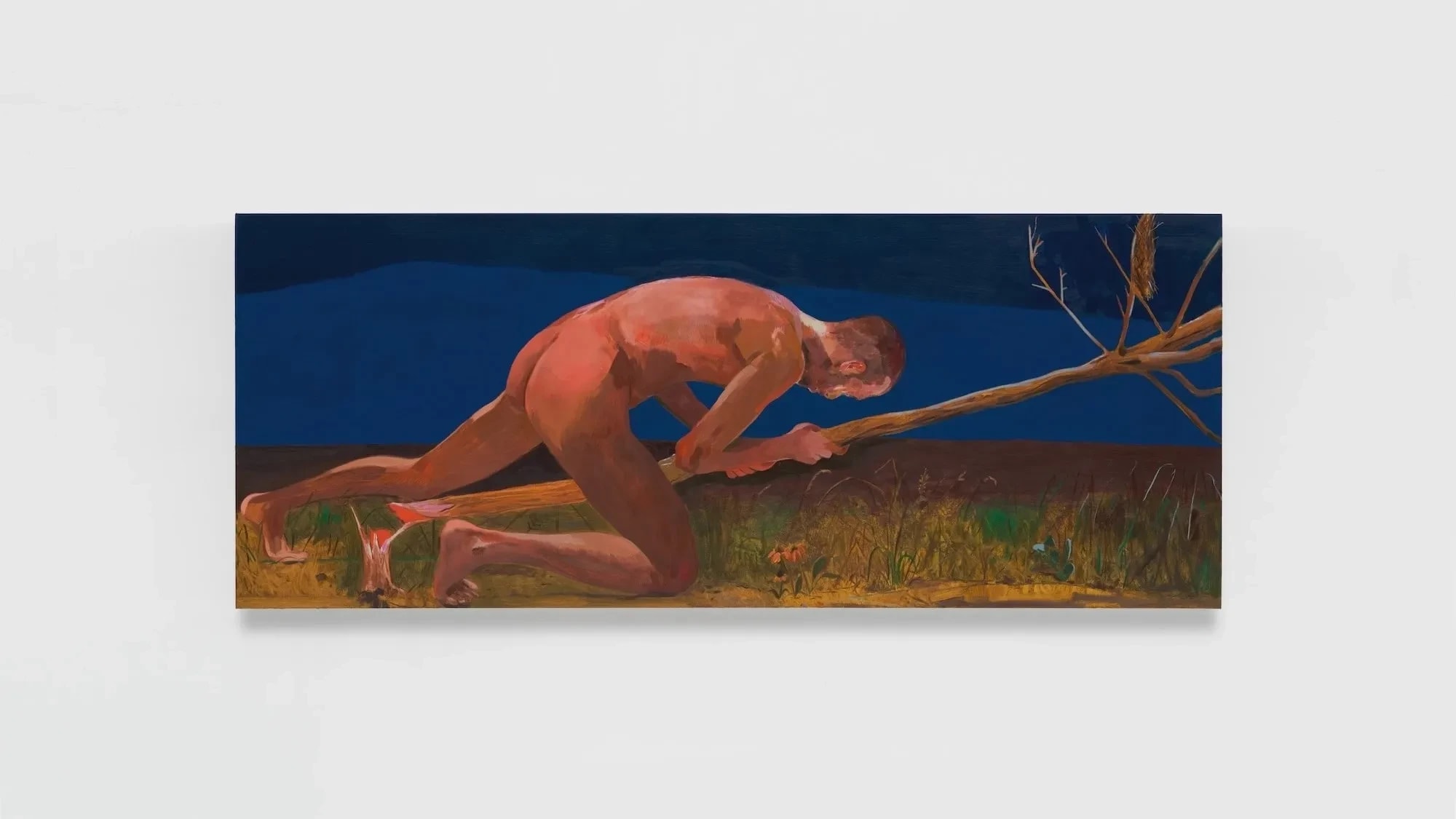 Painting of a man pushing over a tree by Anthony Cudahy, entitled Death instinct (for Bergman, for Tarkovsky), 2024. Oil on linen, 4 x 10 ft.