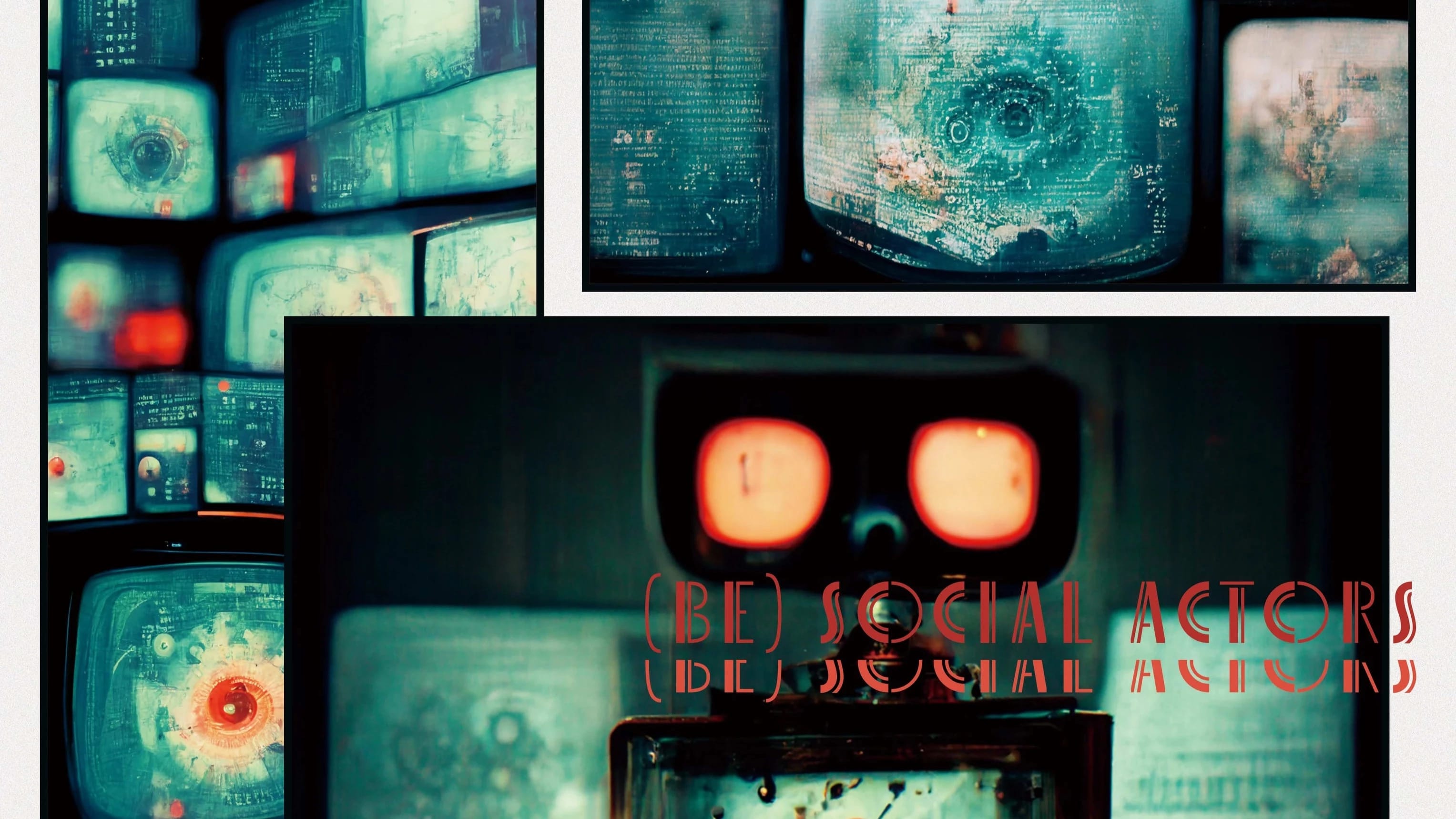 A poster featuring multiple images of green tinted screens with various abstract forms on them. In the center is an image of a simple robot-looking object. Overlaid is the text " Be Social Actors"