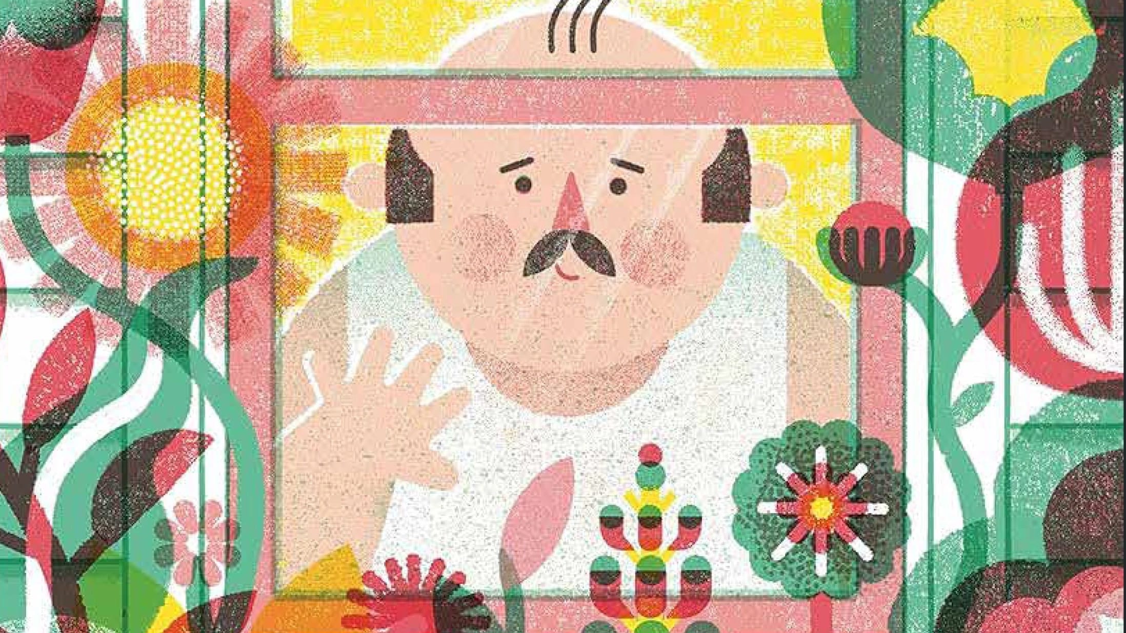 Poster for Cecilia Ruiz conversation with Stephen Savage with bald man looking out window surrounded by flowers.