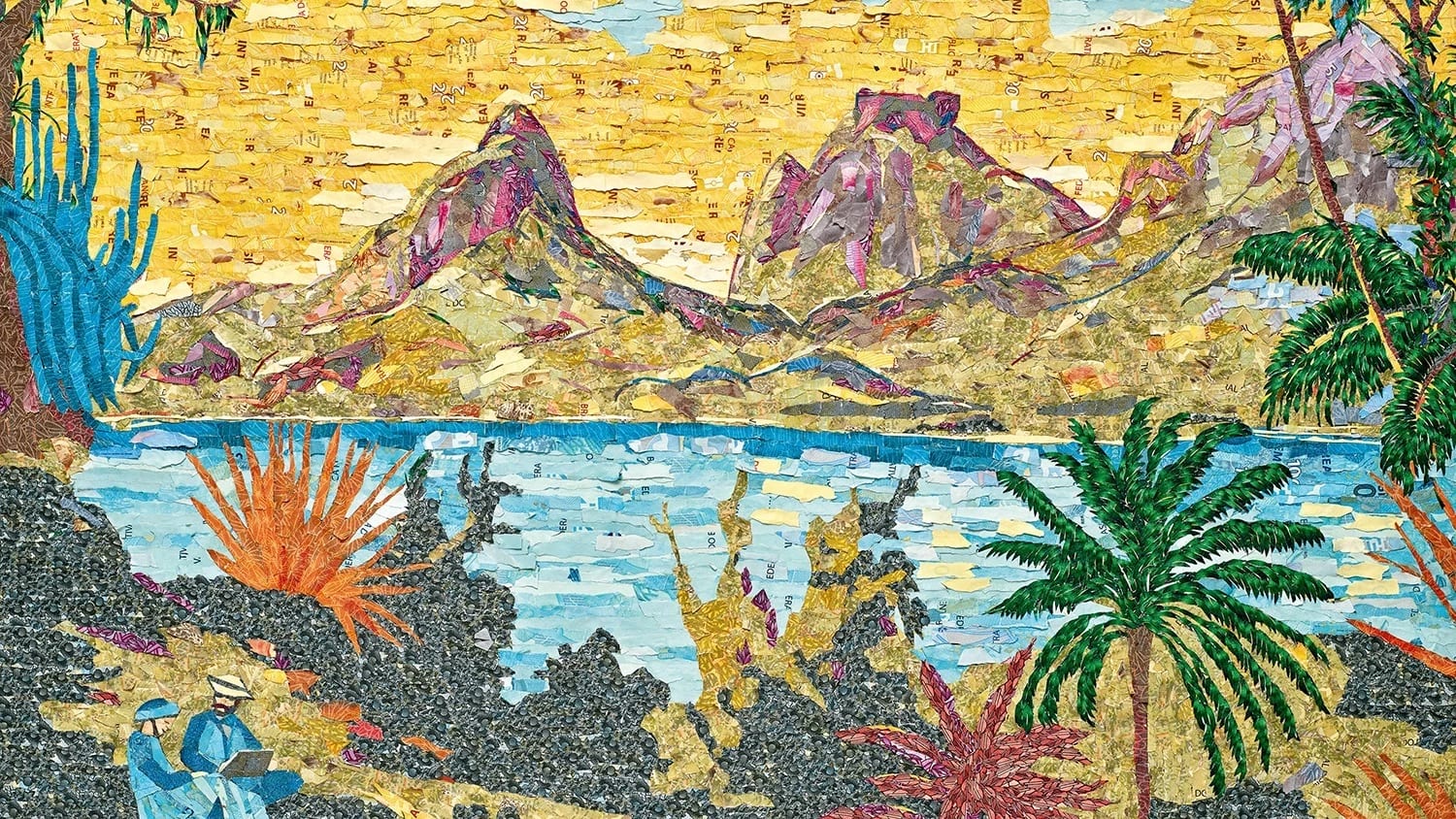 An abstracted photo of buildings looming over a palm tree with a textured overlay. 