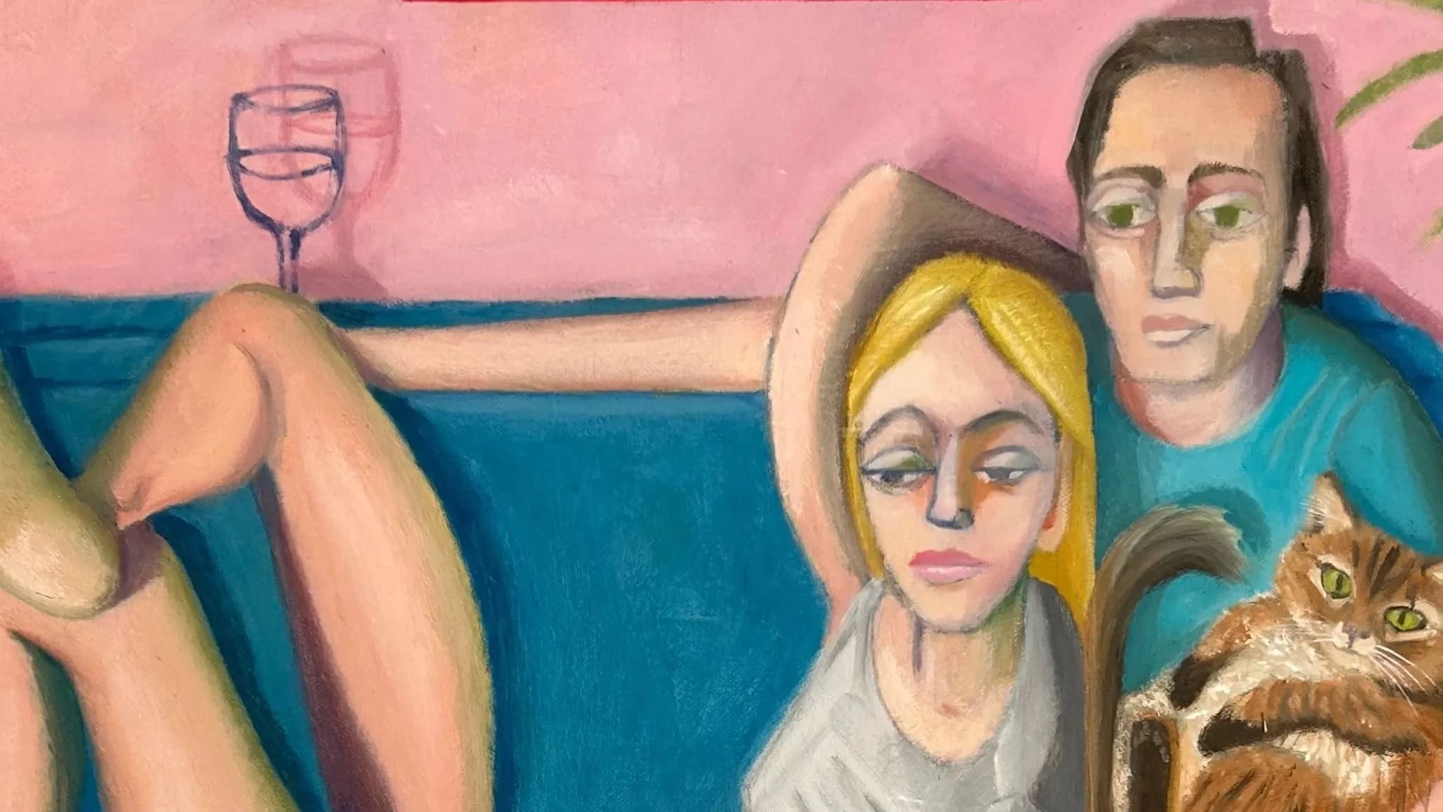 A painting of a domestic scene, featuring a male and a female figure with their cat, seemingly watching an out of view television, while resting on a blue couch. Used dinner plates rest on a coffee table before the figures, and a banana is taped to the pink wall behind them.