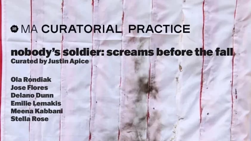 an exhibition poster with text on it that reads "nobody's soldier: screams before the fall" over white and red stripes and a burn mark