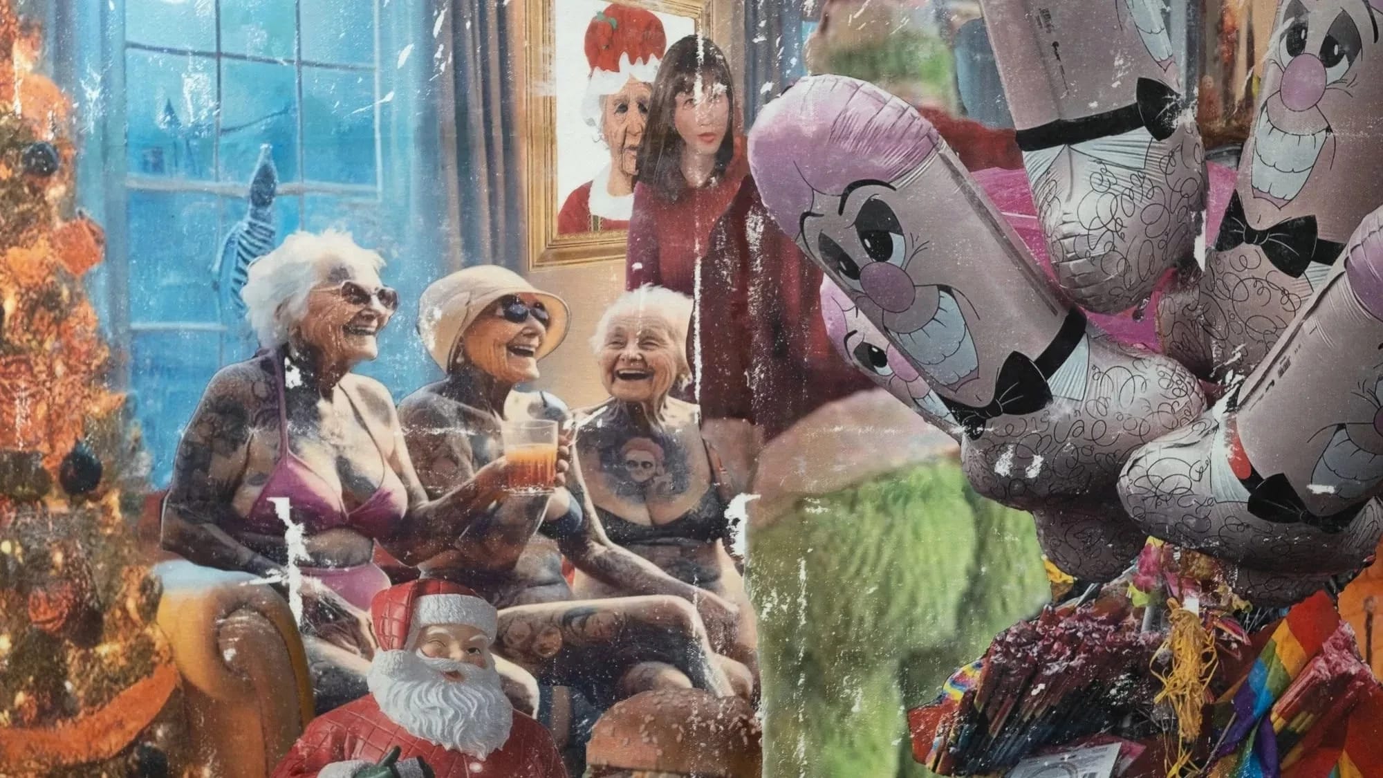 A painting by Jimmy Johnson depicting an assortment of figures and objects all crammed into a a room together.