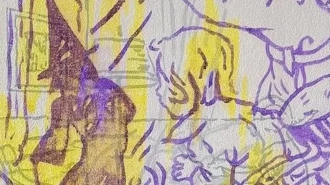 Painting of printed childhood images in purple and yellow.