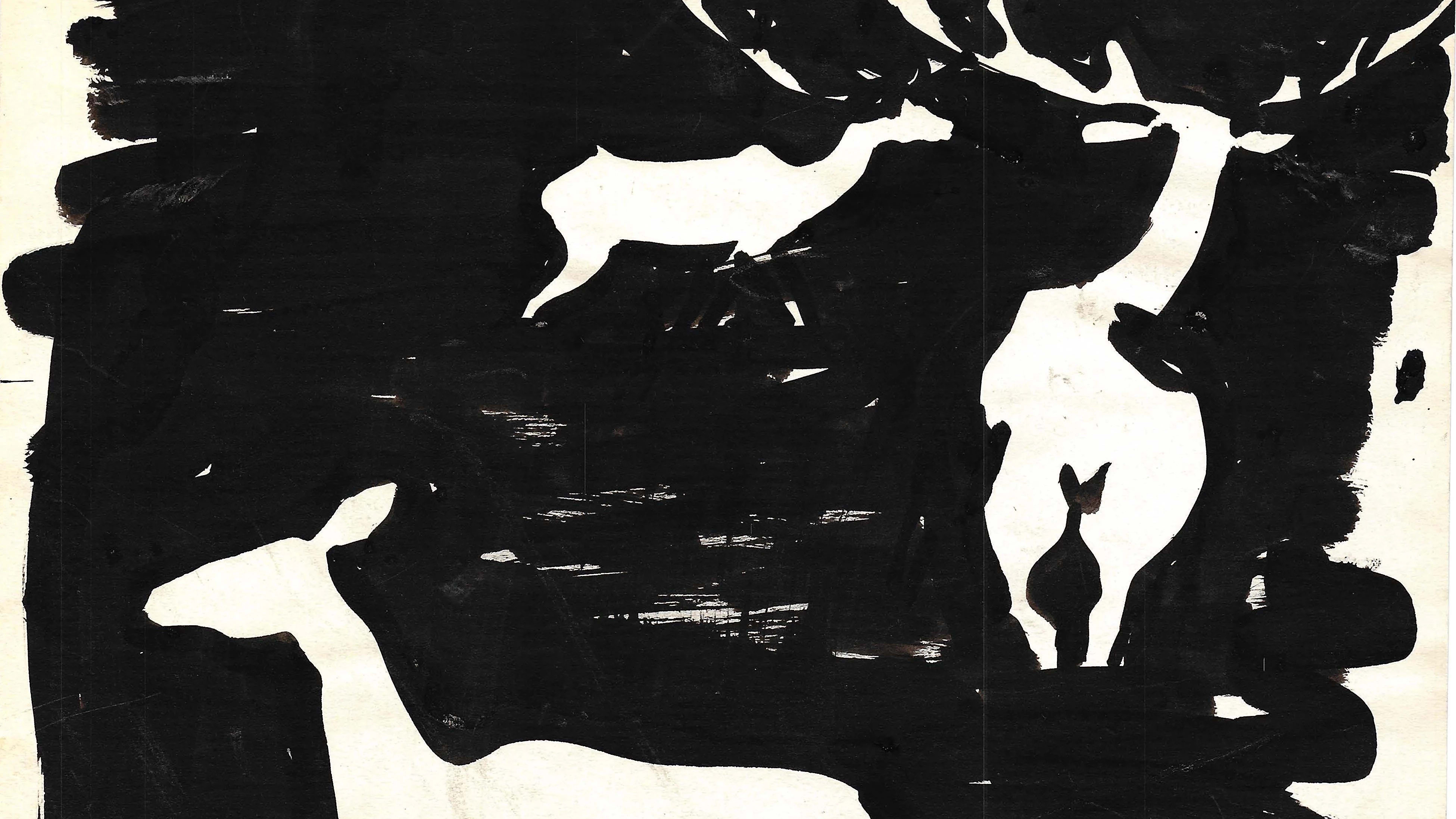 Black and white ink painting of deer
