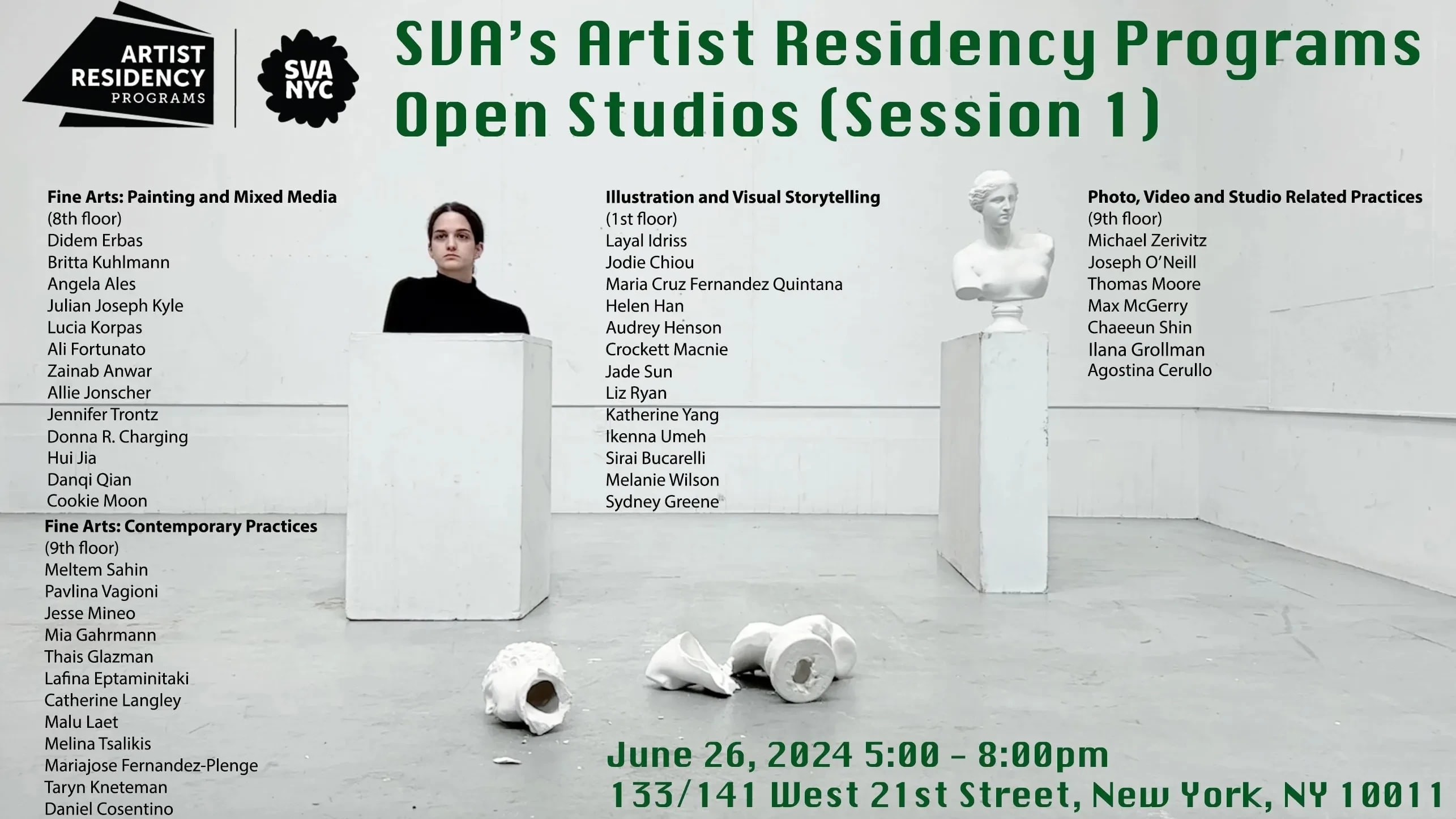 Open Studios Session 1 photo with art by Lafina Eptaminitaki. A person's bust from chest up to the head is placed on a pedestal. A traditional bust sculpture is on a pedestal to the right. In front of them is a cracked bust on the ground.