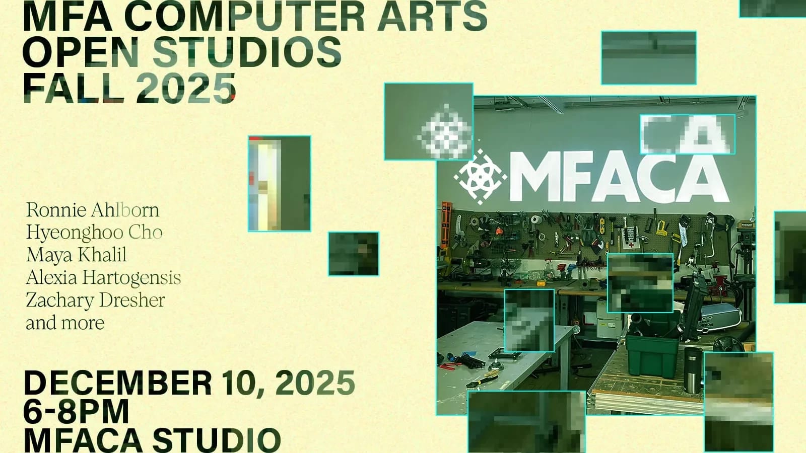 Yellow poster including details of Open Studios and images of workbenches