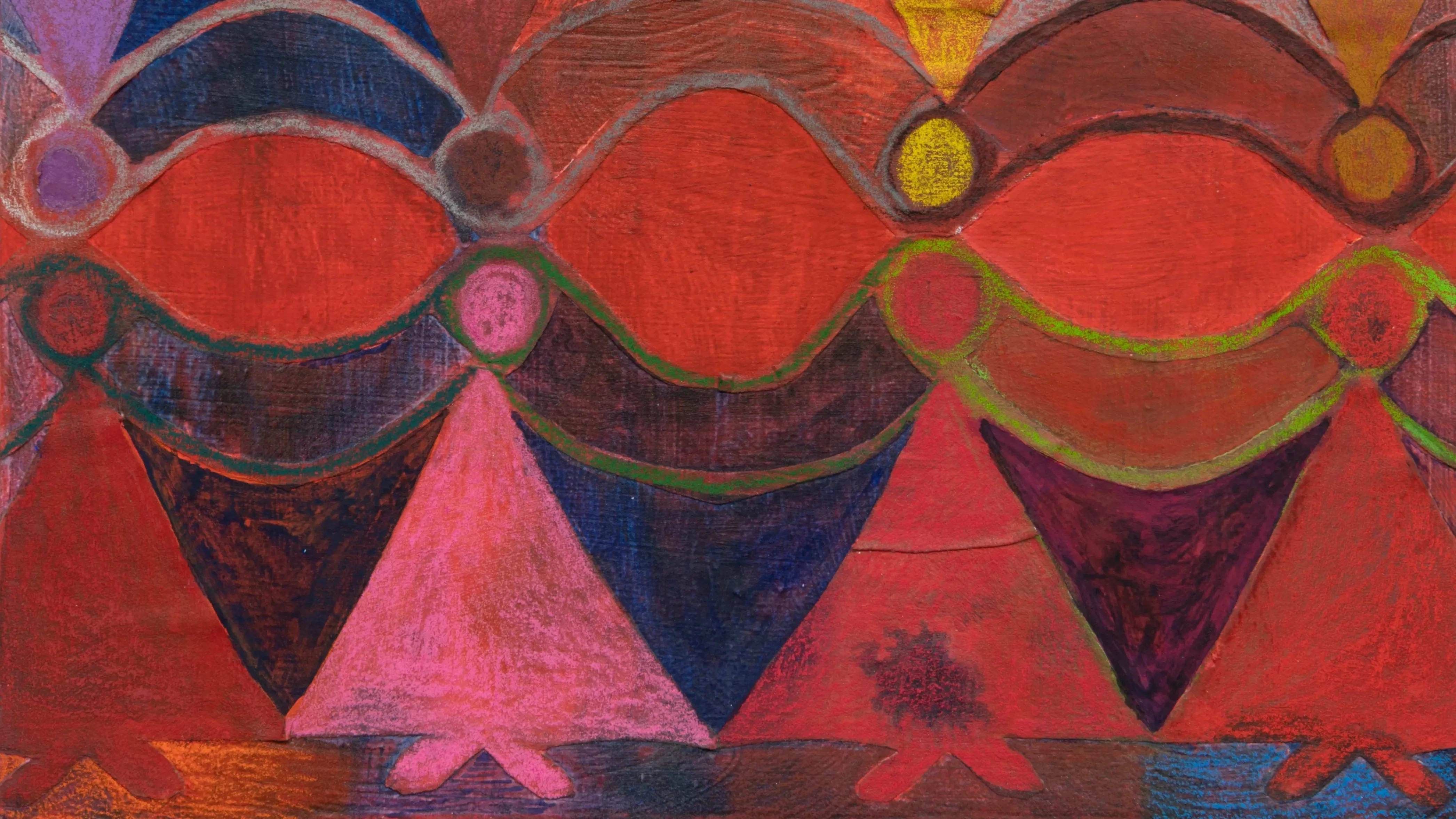 Painting of two sets of paper doll chains mirrored, on a red field with pops of pink, yellow, and purple.