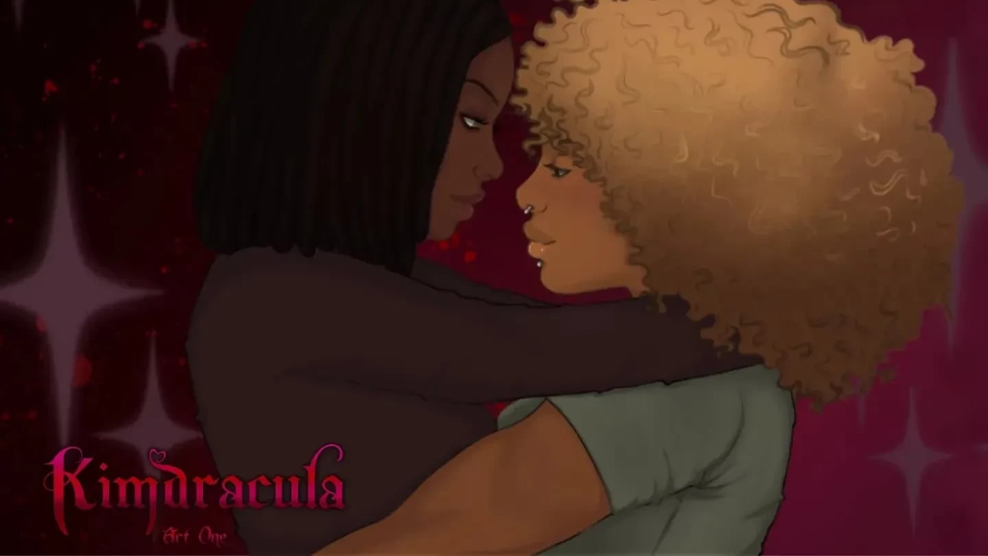 Cover Illustration for narrative game, Kimdracula: Part One; two people hold each other while looking into each other's eyes. 