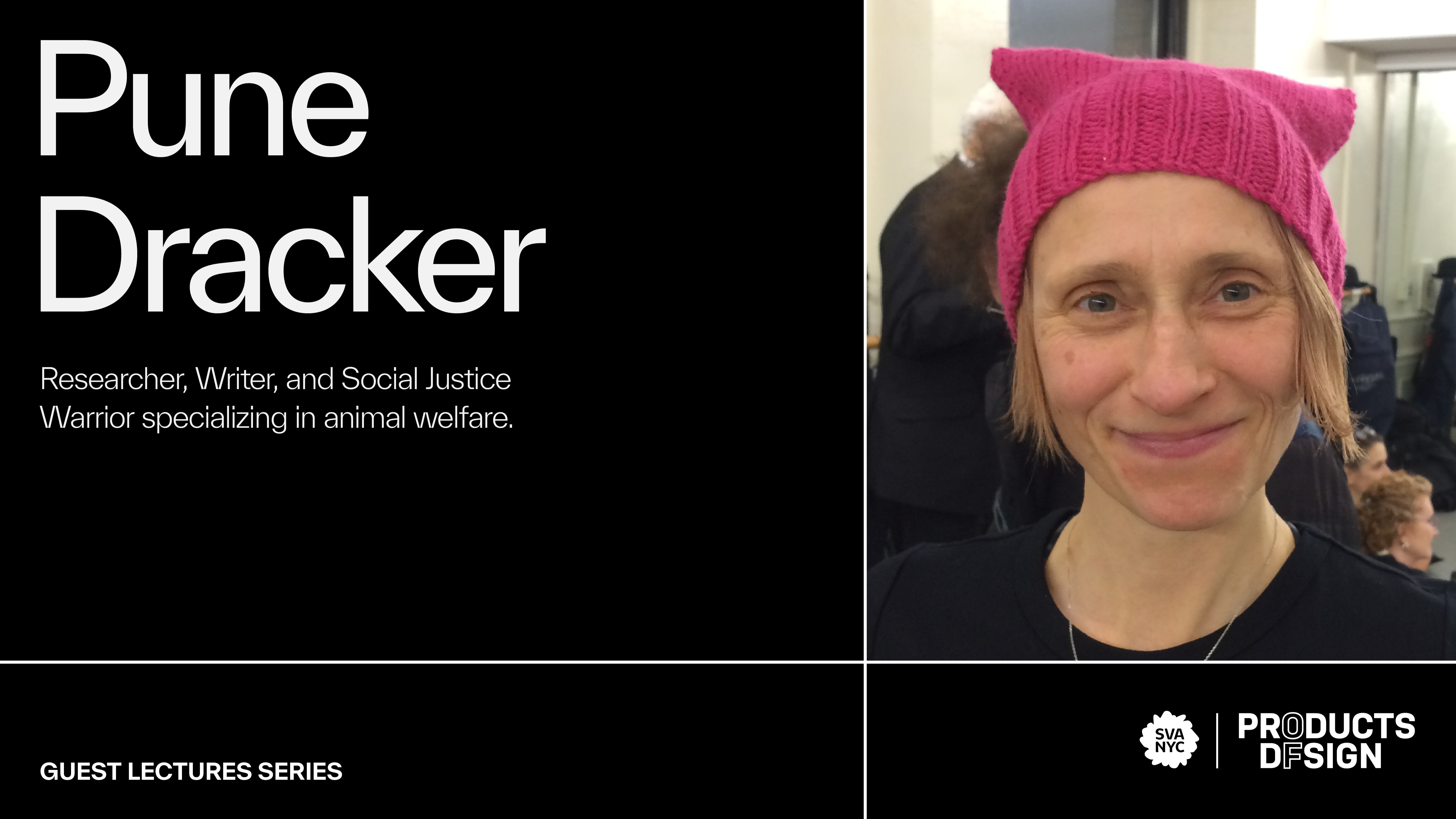 Image of Pune Dracker to the right of white text against a black background saying "Pune Dracker, Researcher, Writer, and Social Justice Warrier specializing in welfare".