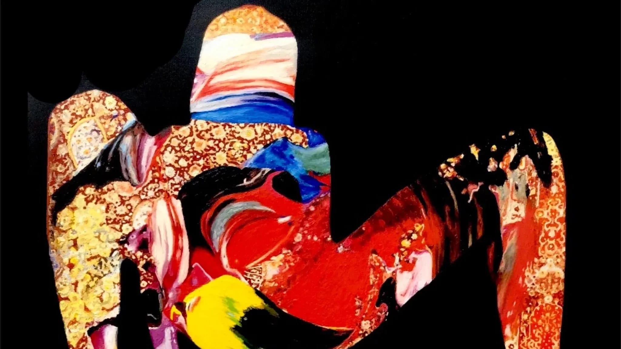 Oil on canvas painting of a woman made of silhouette patterns.