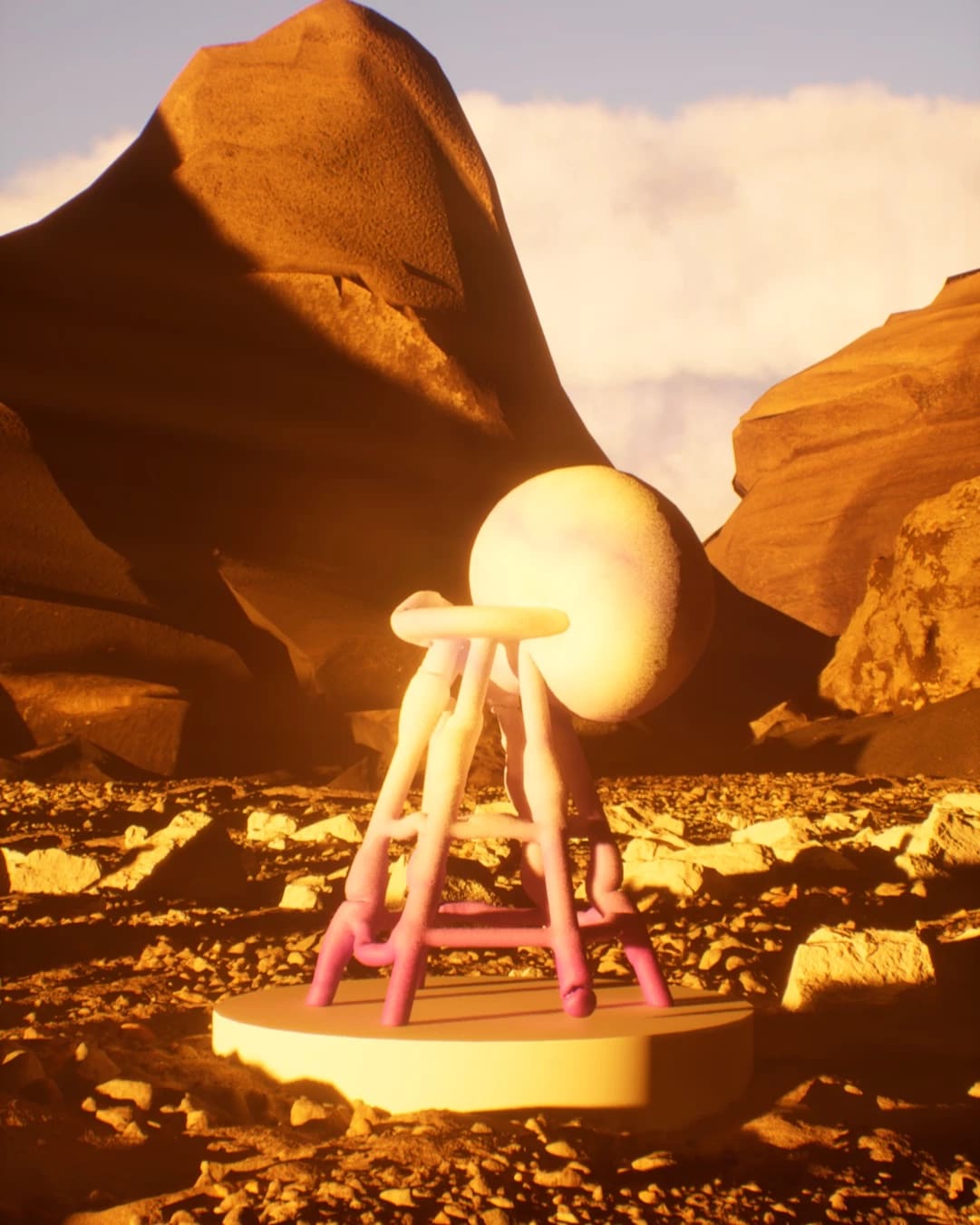 A deformed stool sits within a sunrise desert landscape