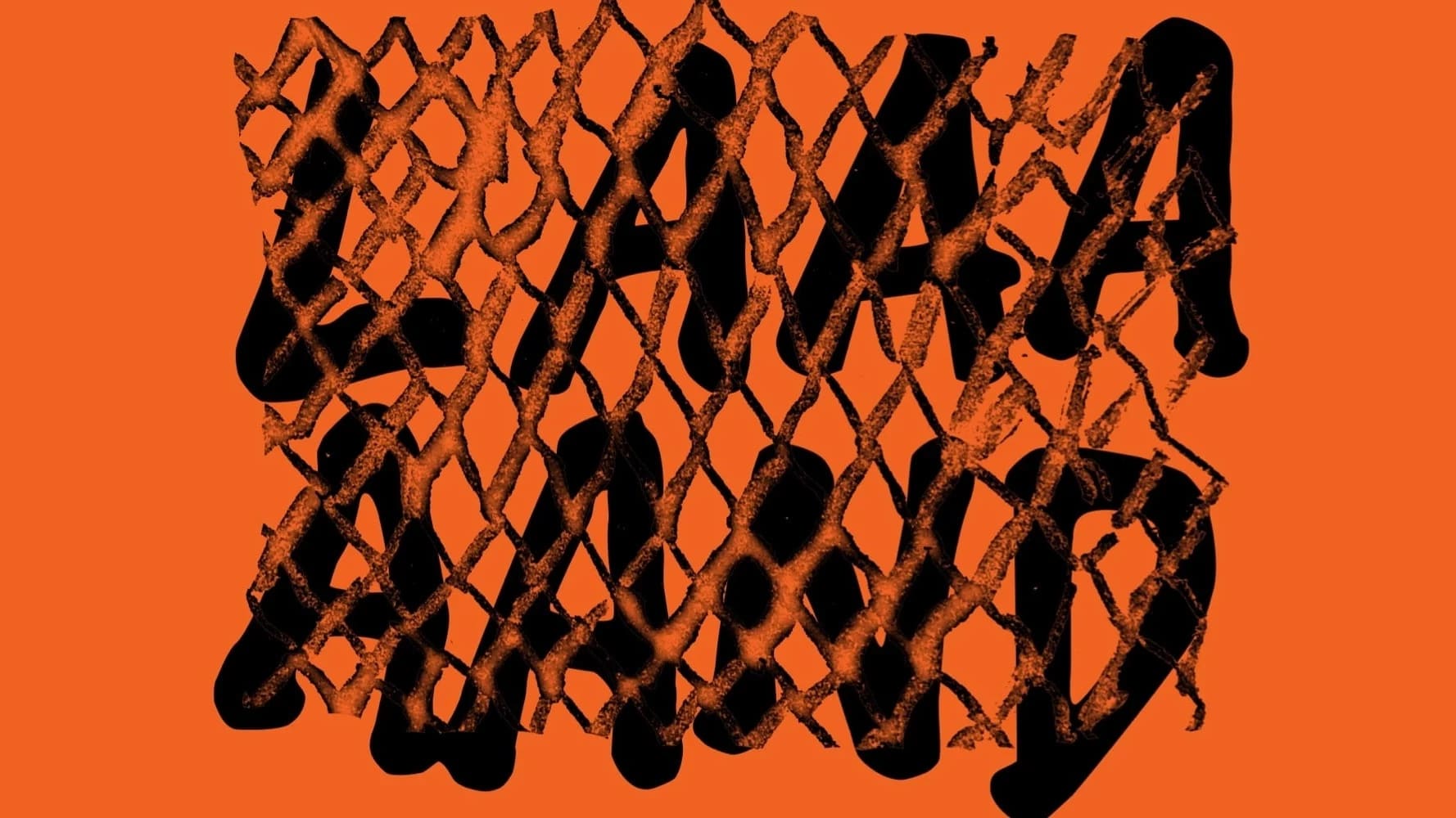 the word "laaaaaand" in black text on an orange background with a chainlink fence overlaid