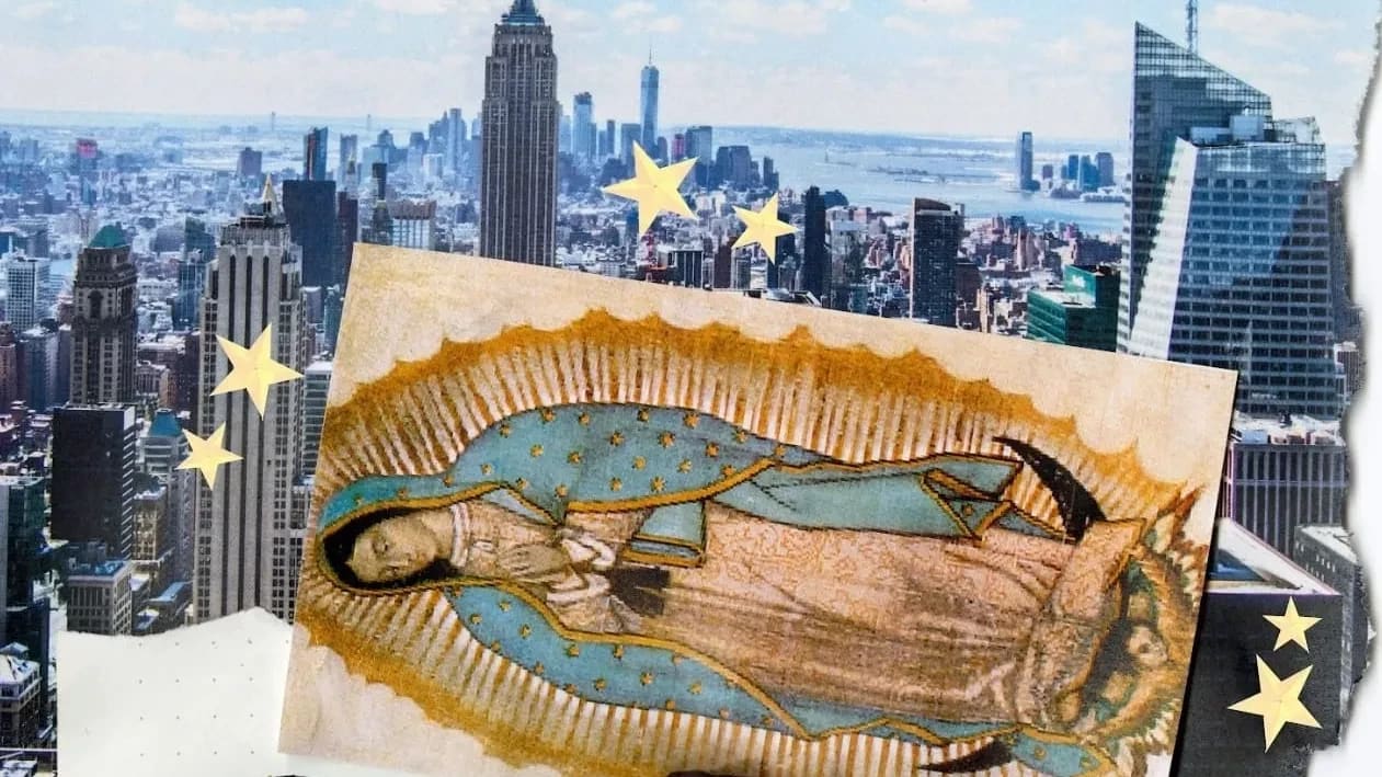 Poster for the play which shows the New York skyline with an inversted postcard of a virgin over it.