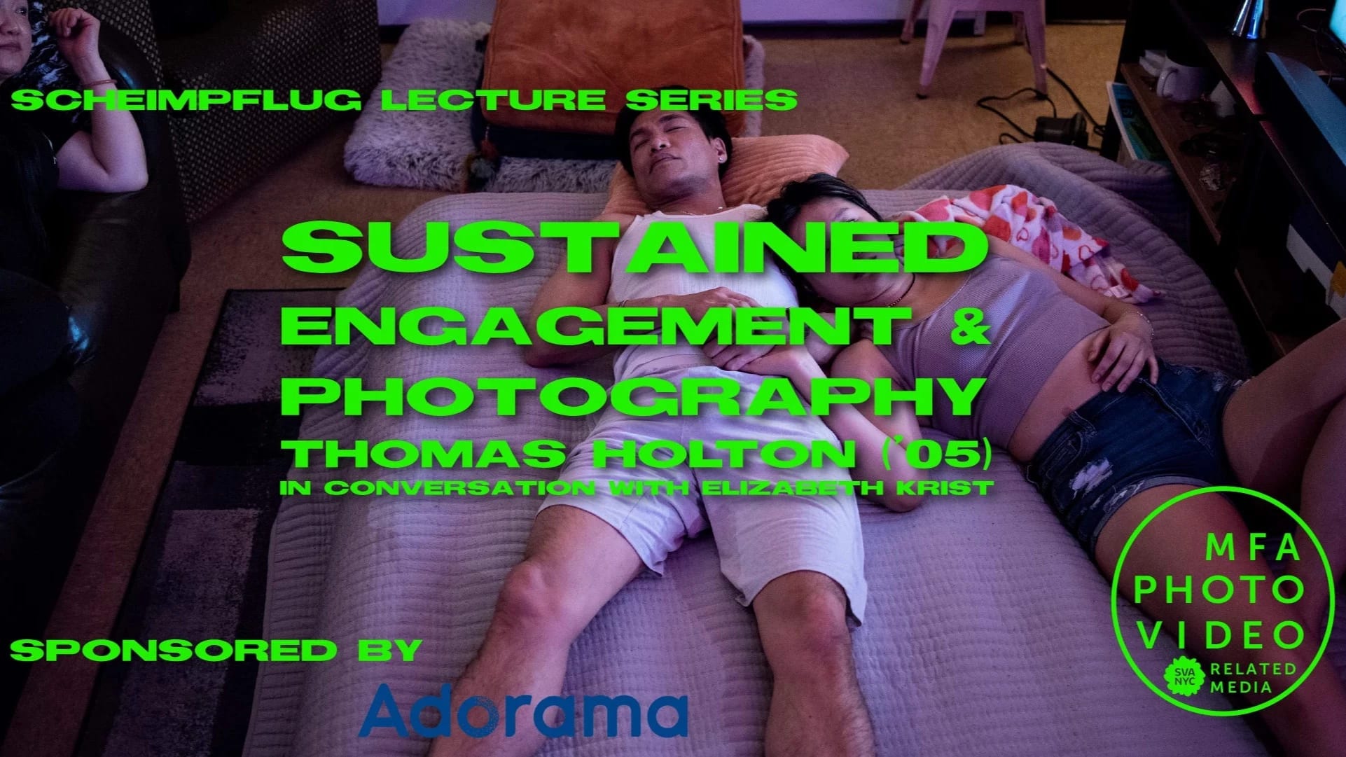 Neon green text advertising lecture, over color digital photograph of an Asian man and his teenage daughter laying on a bed in the living, with an Asian mom laying on a couch to the left watching TV.