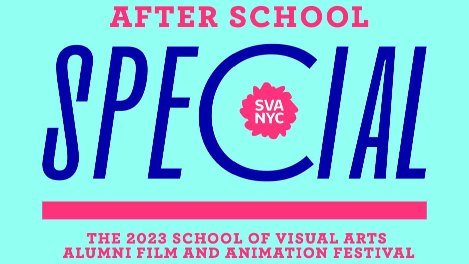 An aqua-colored slide with the words "After School Special" on it in blue and pink. There is a pink SVA NYC logo inside of the "C"