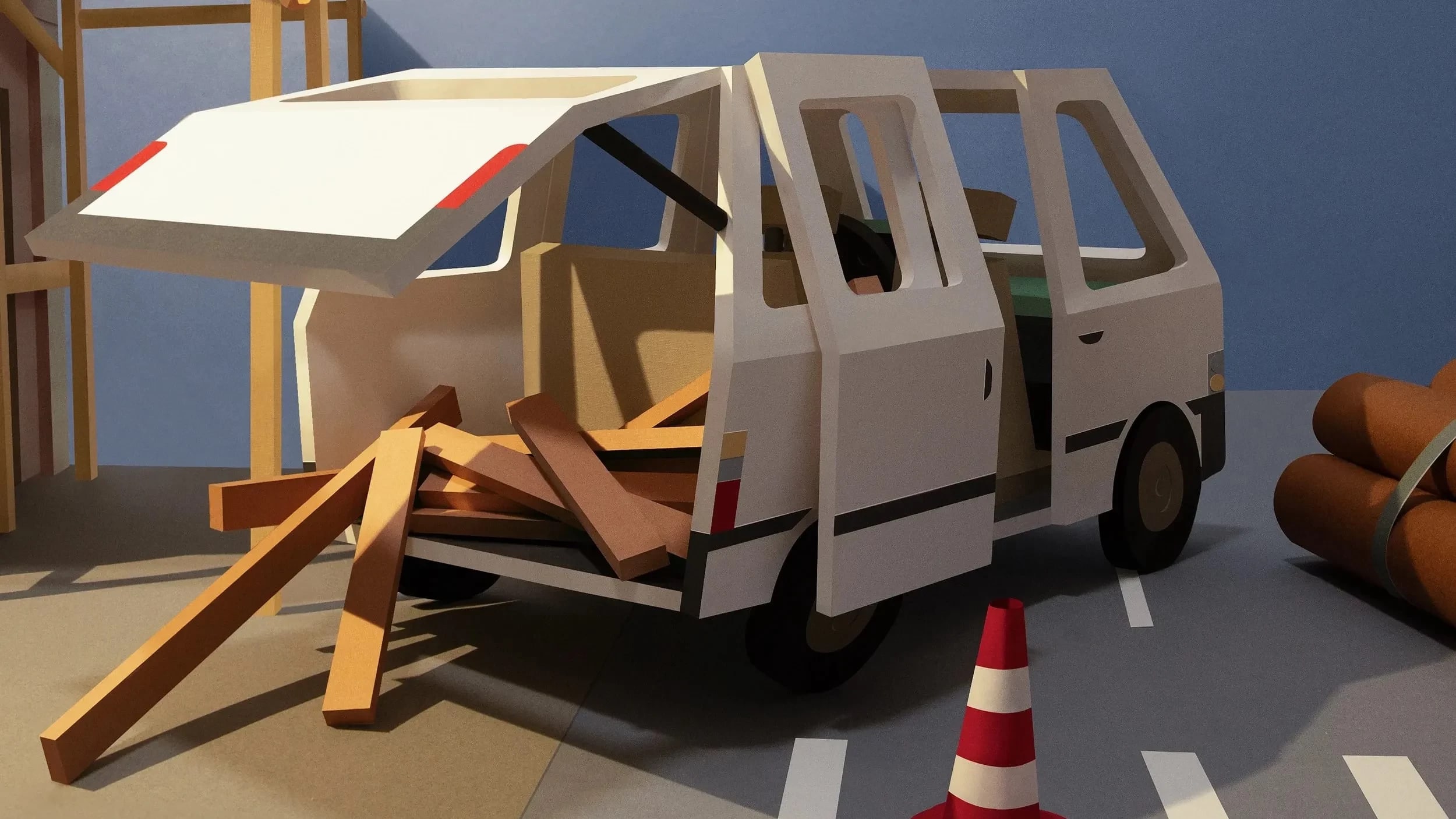 a white van on a street, with an open trunk and lumber spilling from the back. The entire scene is made of paper.