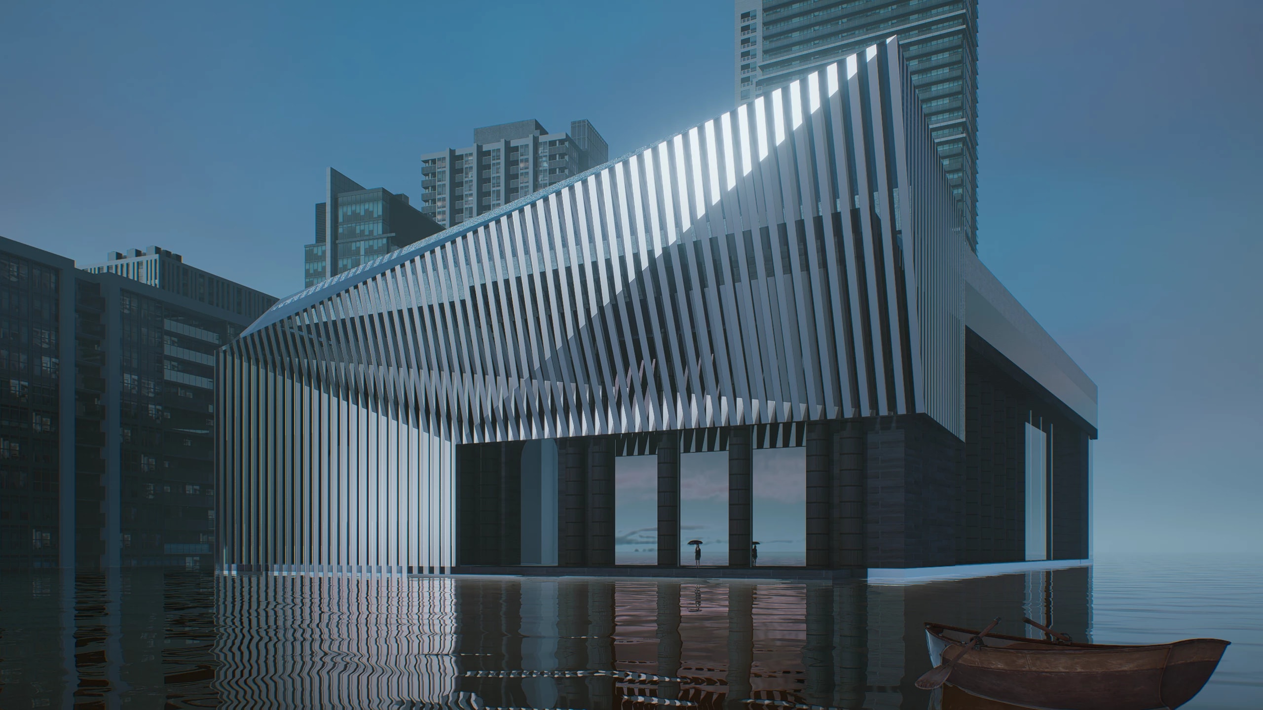 Facade of a building at dusk with a dark gray ground floor and ornamental metal awning.