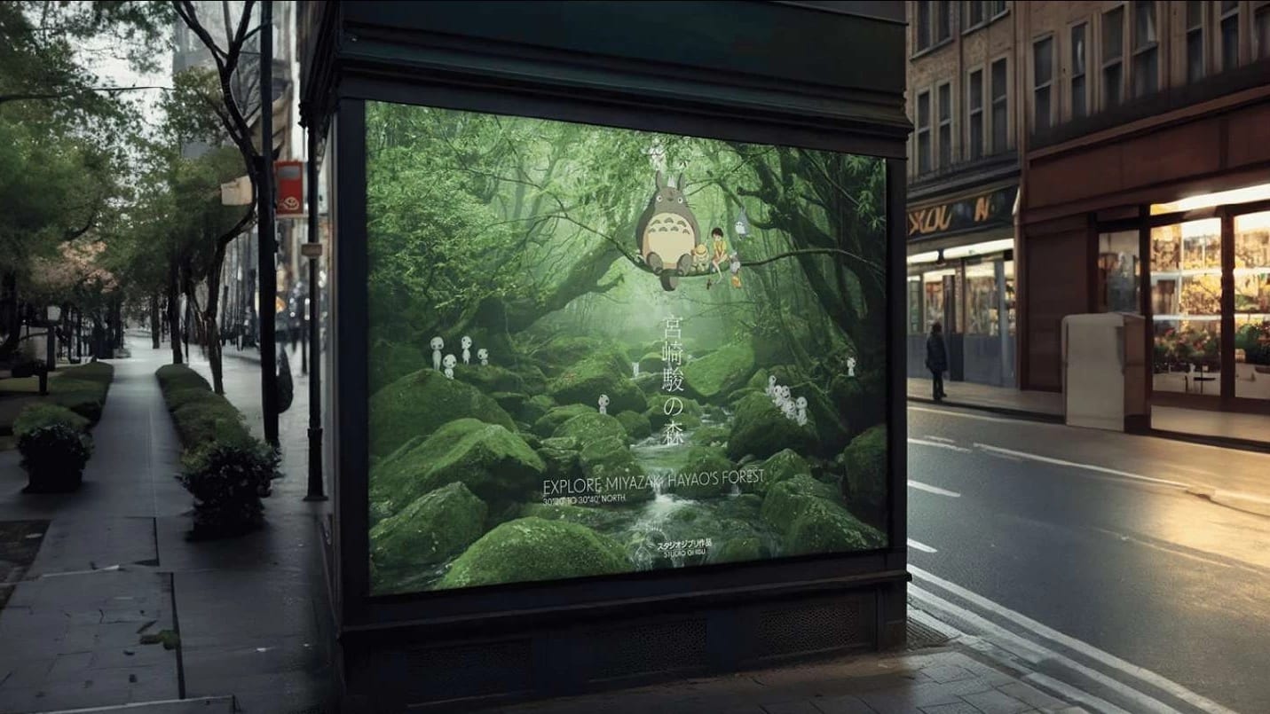A mock-up of an advertising billboard on a newsstand; a verdant forest with whimsical creatures sitting on a tree branch and says "EXPLORE MIYAZAKI HAYAO'S FOREST."