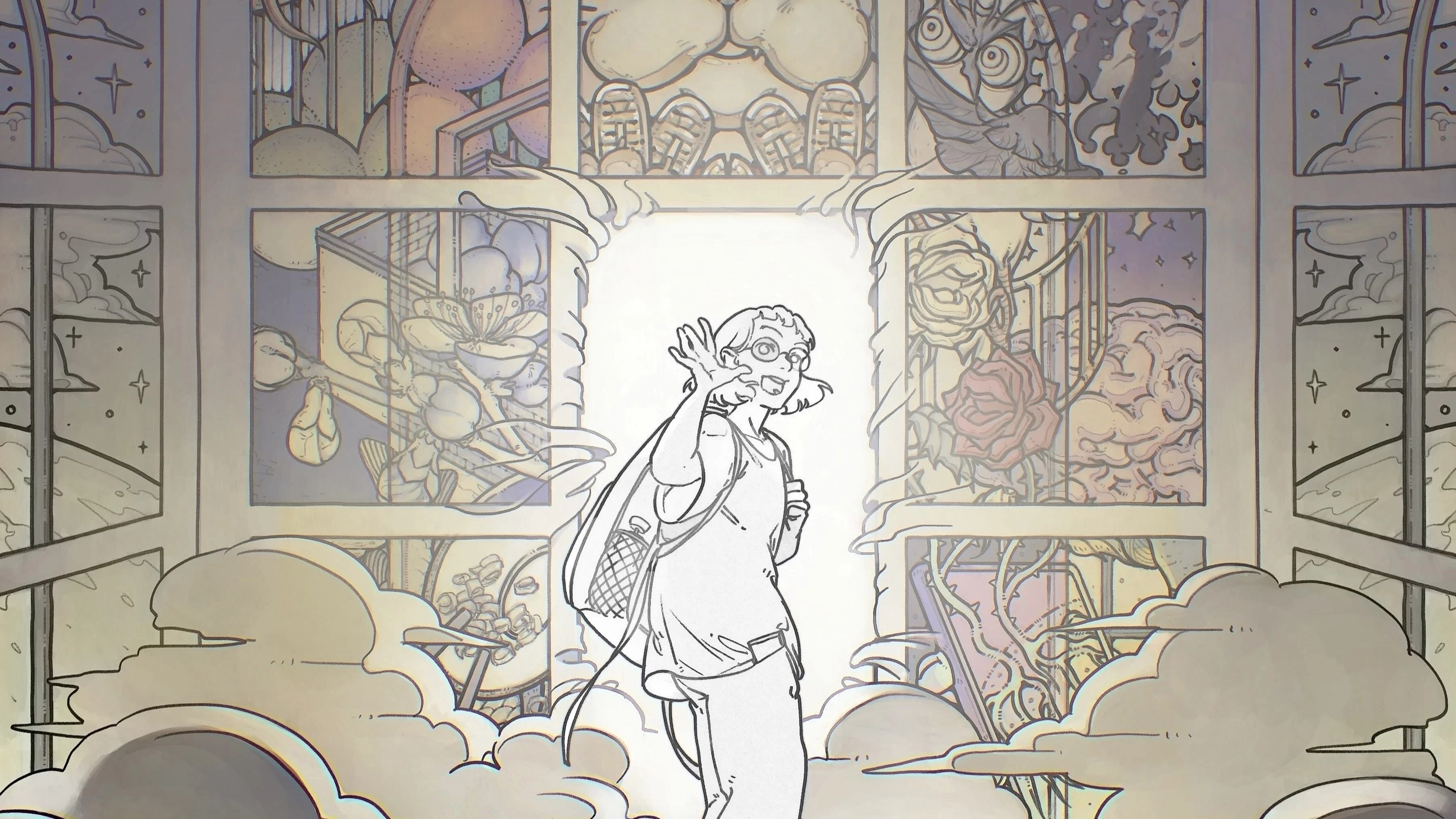 cover image for Binhua Chen's thesis project of main character waving surrounded by illustrated components of the comic.