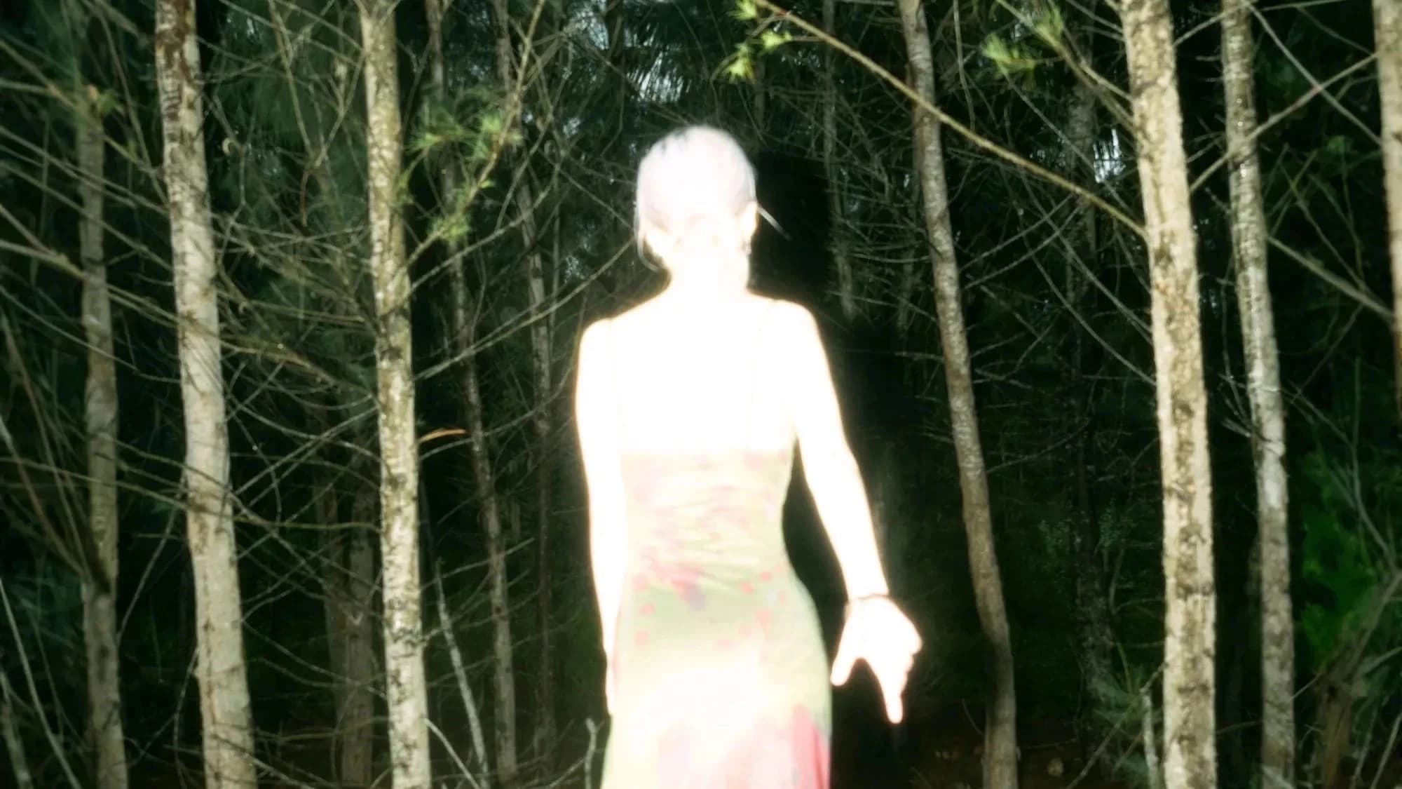 A glowing women walking into the forest, the ground is covered in sand and the trees in front of her are thin but dense in number.