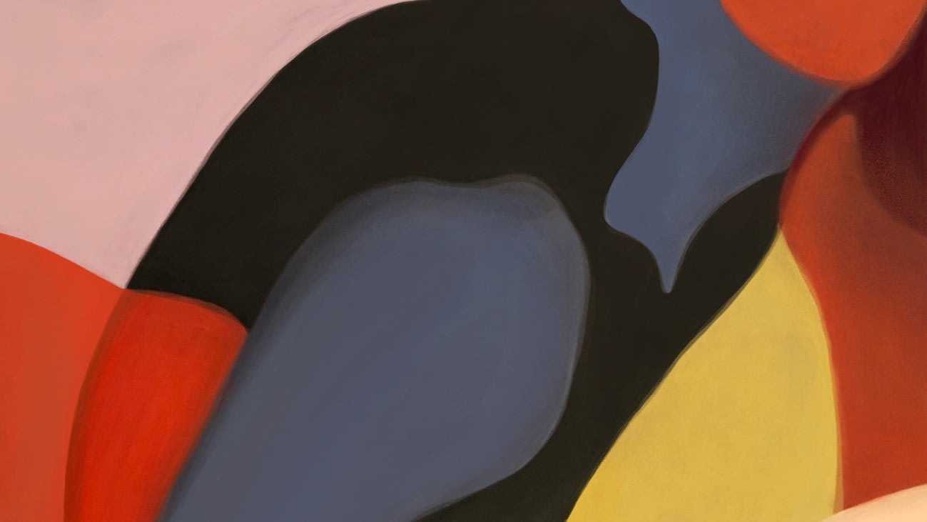 Painting by MFA Illustration student, Laura Peretti, image is abstract in black, grey, red, yellow and flesh tones of bodies and shadows.