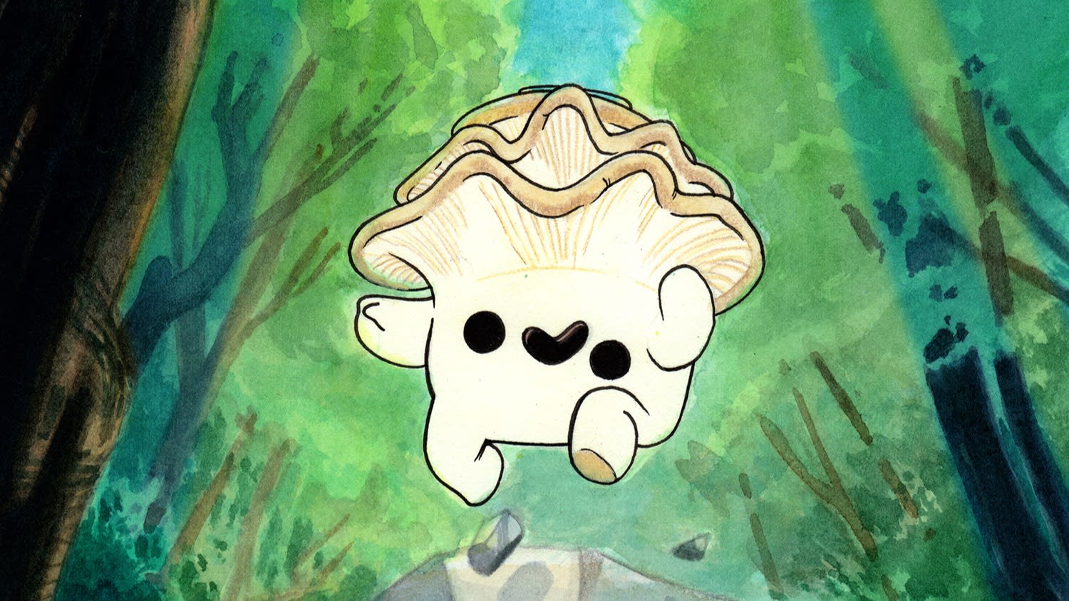 Cover image from Morgan Sawyer's Thesis project graphic novel titled Mushroom Trip, picturing anthropomorphic mushroom jumping over a rock surrounded by trees.