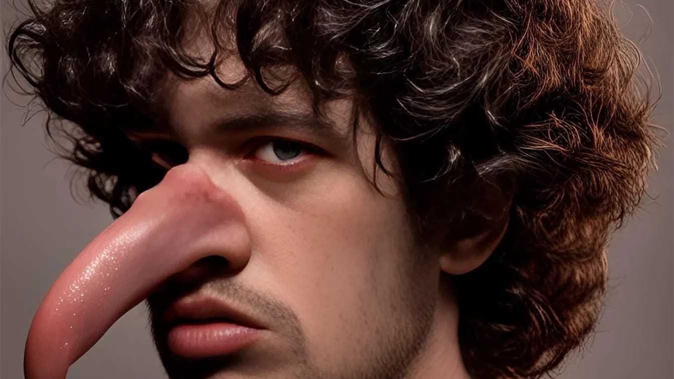 A selfie of Ari Temkin featured in the video installation The Index, created using an AI imaging tool. Ari faces left in a dimly lit, studio-style portrait. The image exaggerates their features with a comically large, obscene nose protruding from their face, critiquing the bias embedded in generative AI.