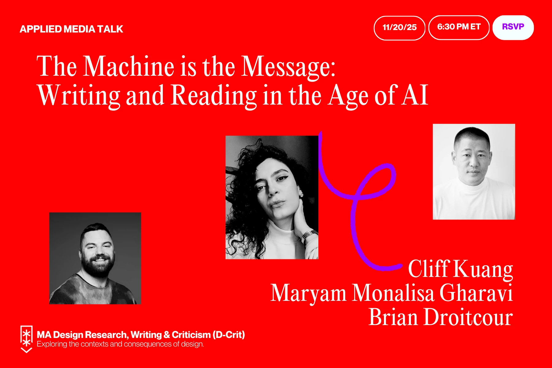 Red flyer for D-Crit’s The Machine is the Message talk, featuring Droitcour, Gharavi, and Kuang, Nov 20 at 6:30 PM ET.