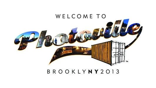 Text of "Photoville" filled with photos over top of a storage container and the text BrooklNy2013.