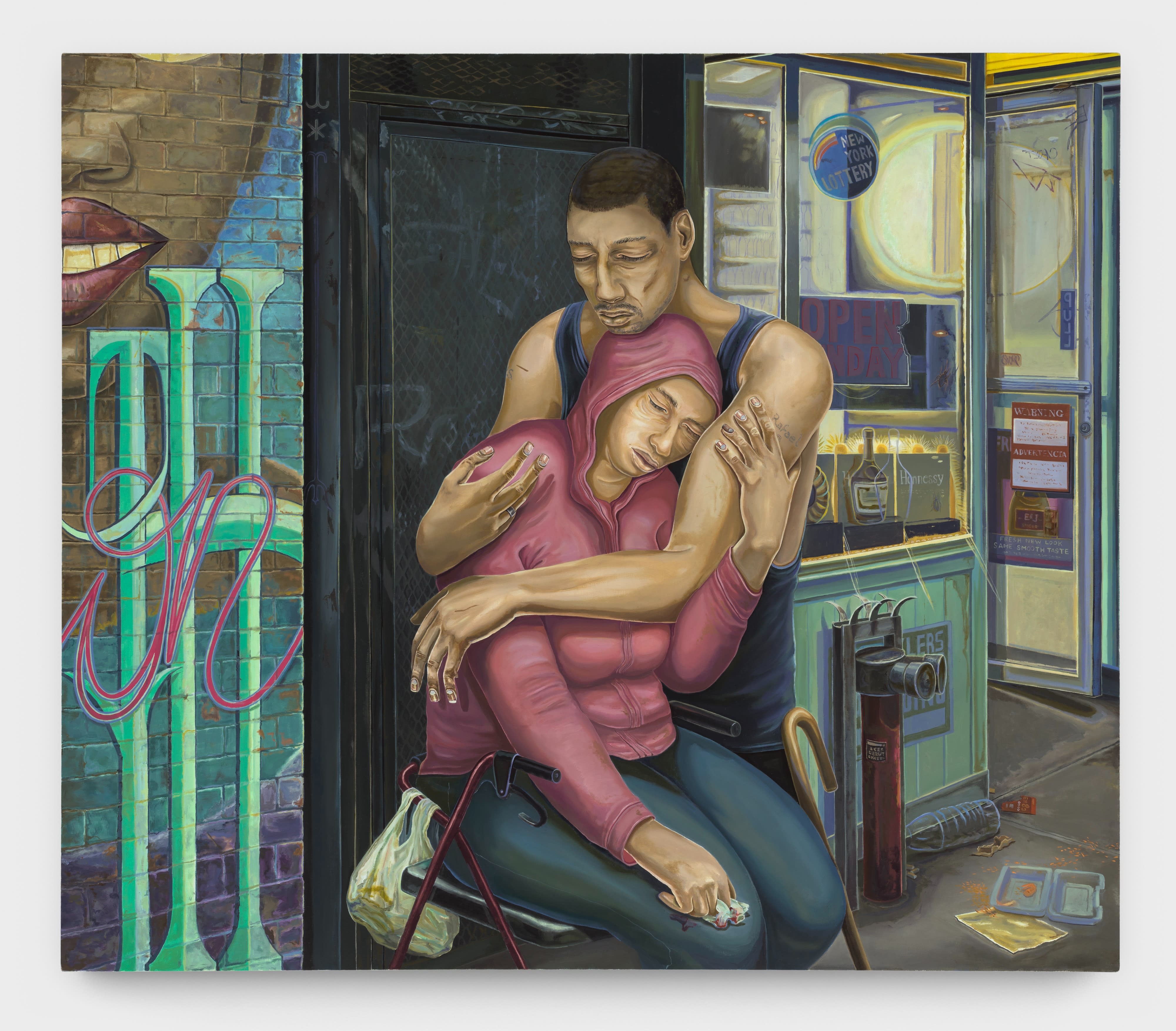 A painting by Aaron Gilbert. The painting depicts two figures outside of a building; one is seated and the other is standing behind. The figure in the back has his arms wrapped around the seated figure.