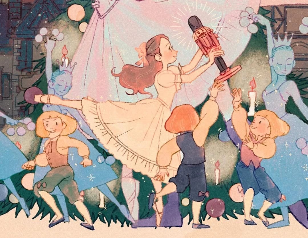 An illustration of a ballerina holding up a nutcracker toy while children dance around her.