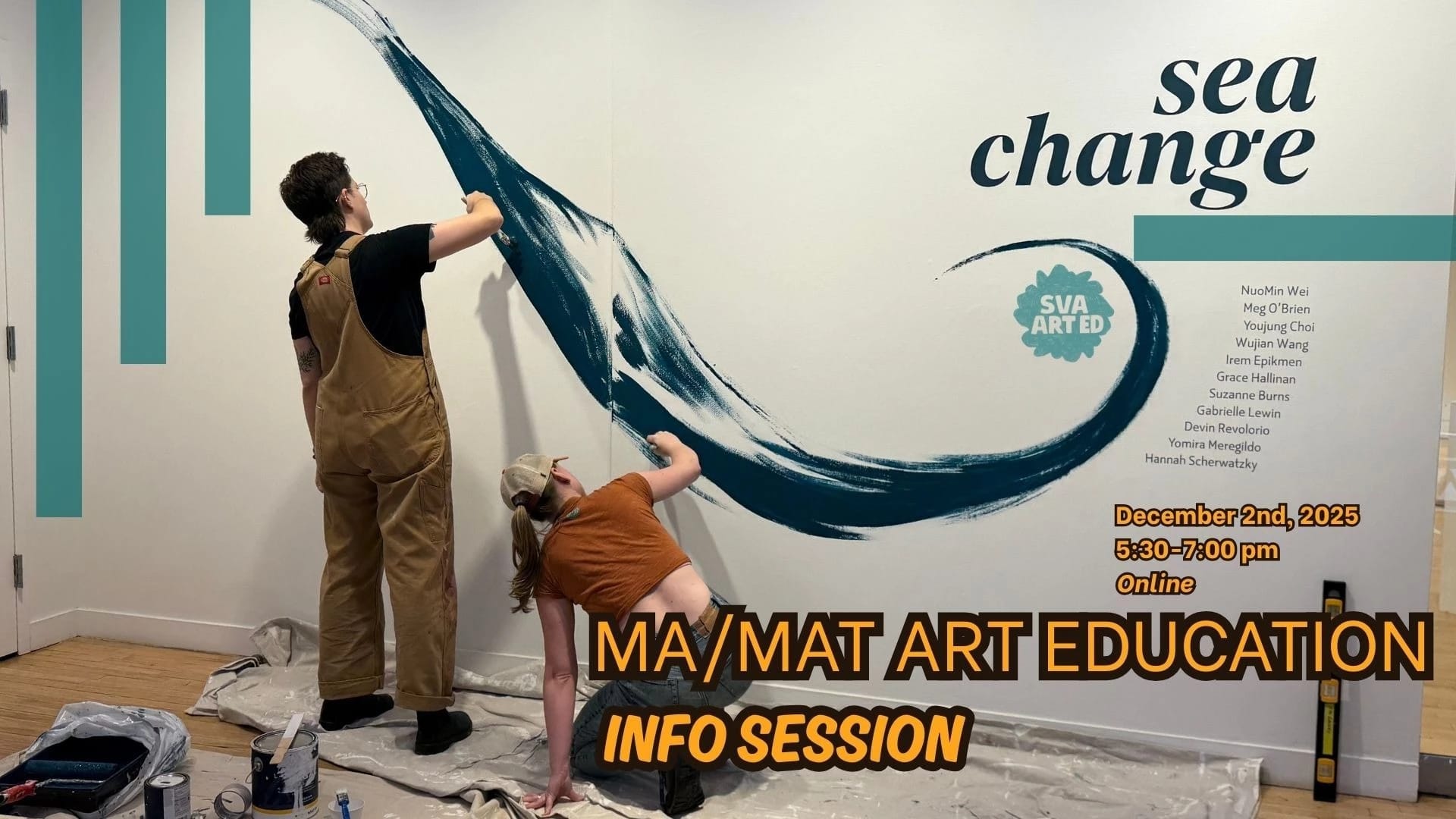 Two people painting a blue wave on a wall. One person is standing and one is kneeling.