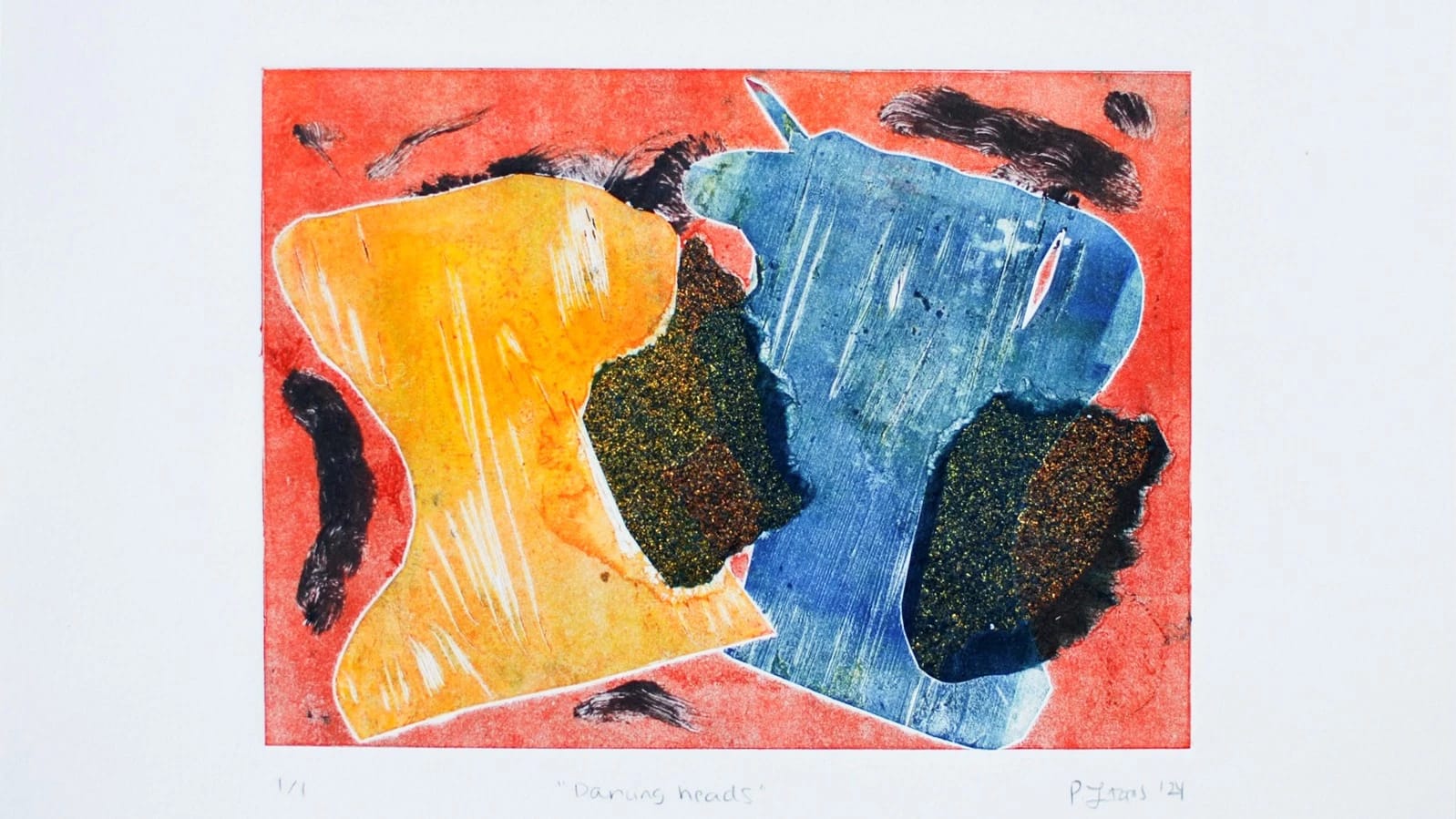 Pilar Lagos, Dancing heads, 2024, Mylar stencils on plexiglass, monotype and chine collé on Stonehenge (white), 9 ×11 in