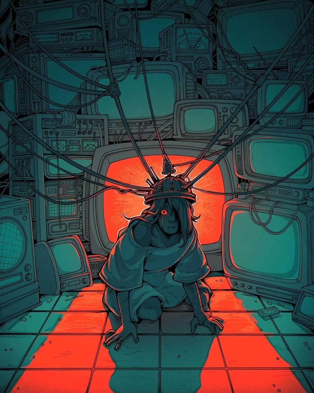 A drawing of a girl on her hands and knees looks at the viewer, crying. There's a helmet on her hooked up to the many screens behind her.