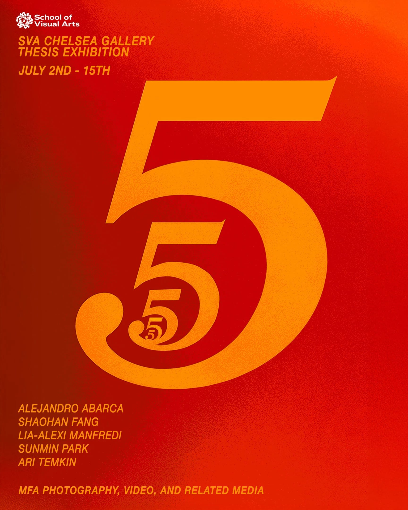 graphic with thesis exhibition information. red background with gold lettering of the number 5 and the artists names