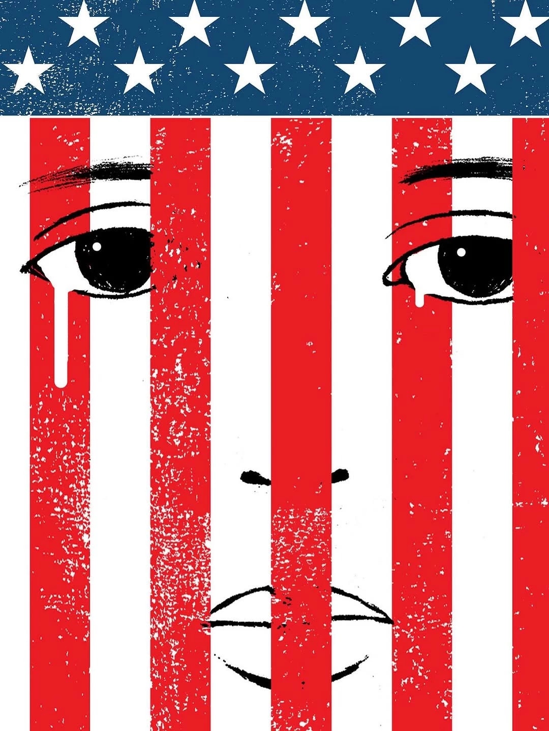 A poster featuring an American flag alongside a human face with tears streaming down its face symbolizing national sadness.