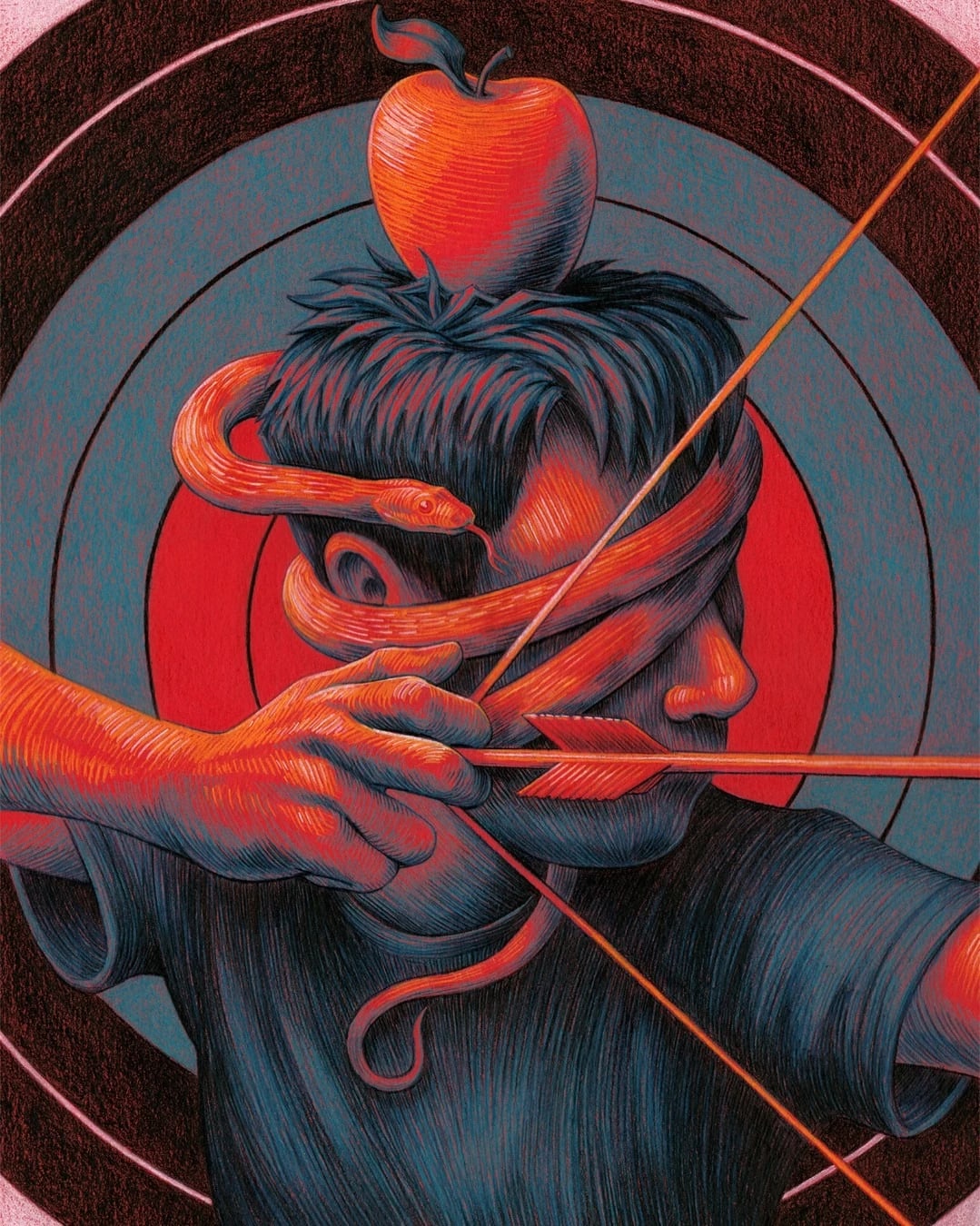 A man holding an apple in one hand and a bow in the other, standing outdoors with a focused expression.