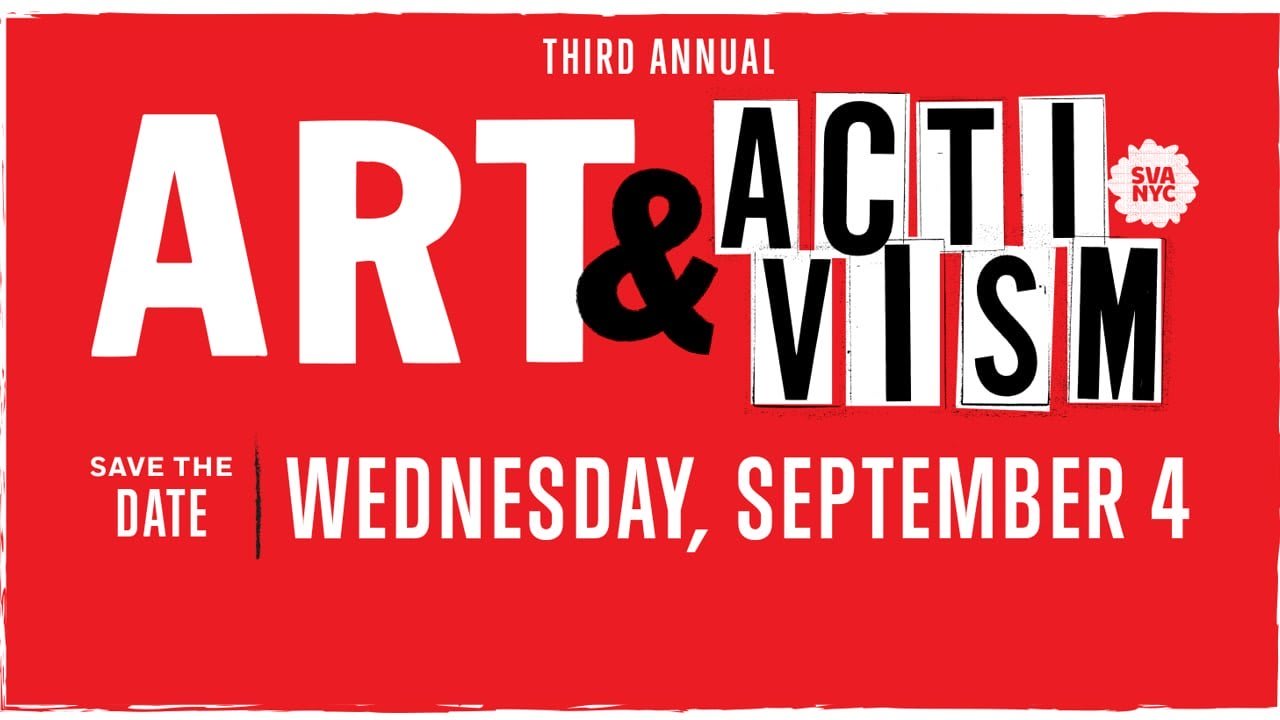 save the date with event title and date, white and black text on red background
