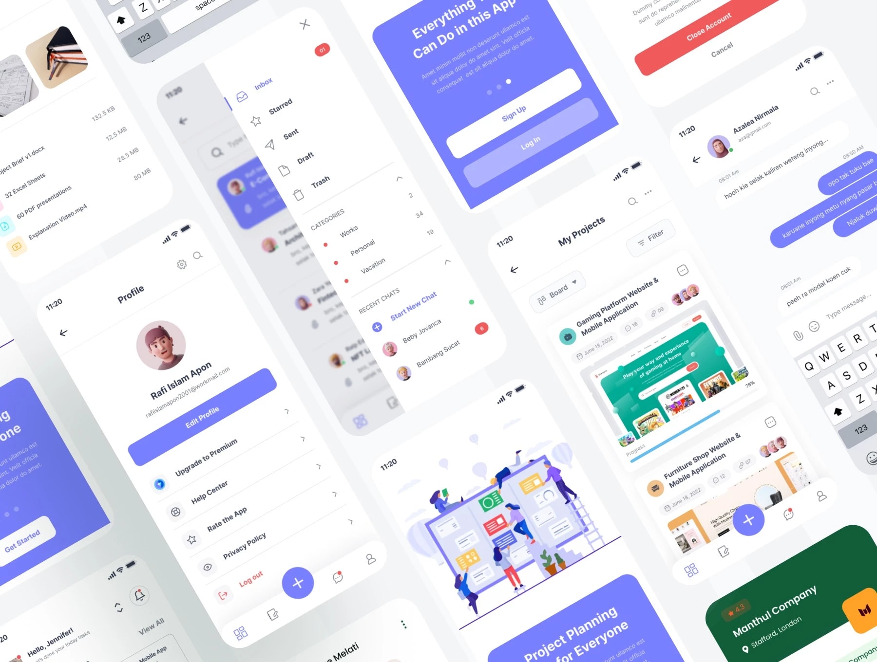 A slanted grid of app screens 