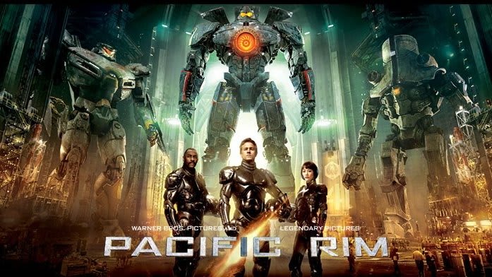 Advertisement for "Pacific Rim" of three people in metal suits, with three large robots