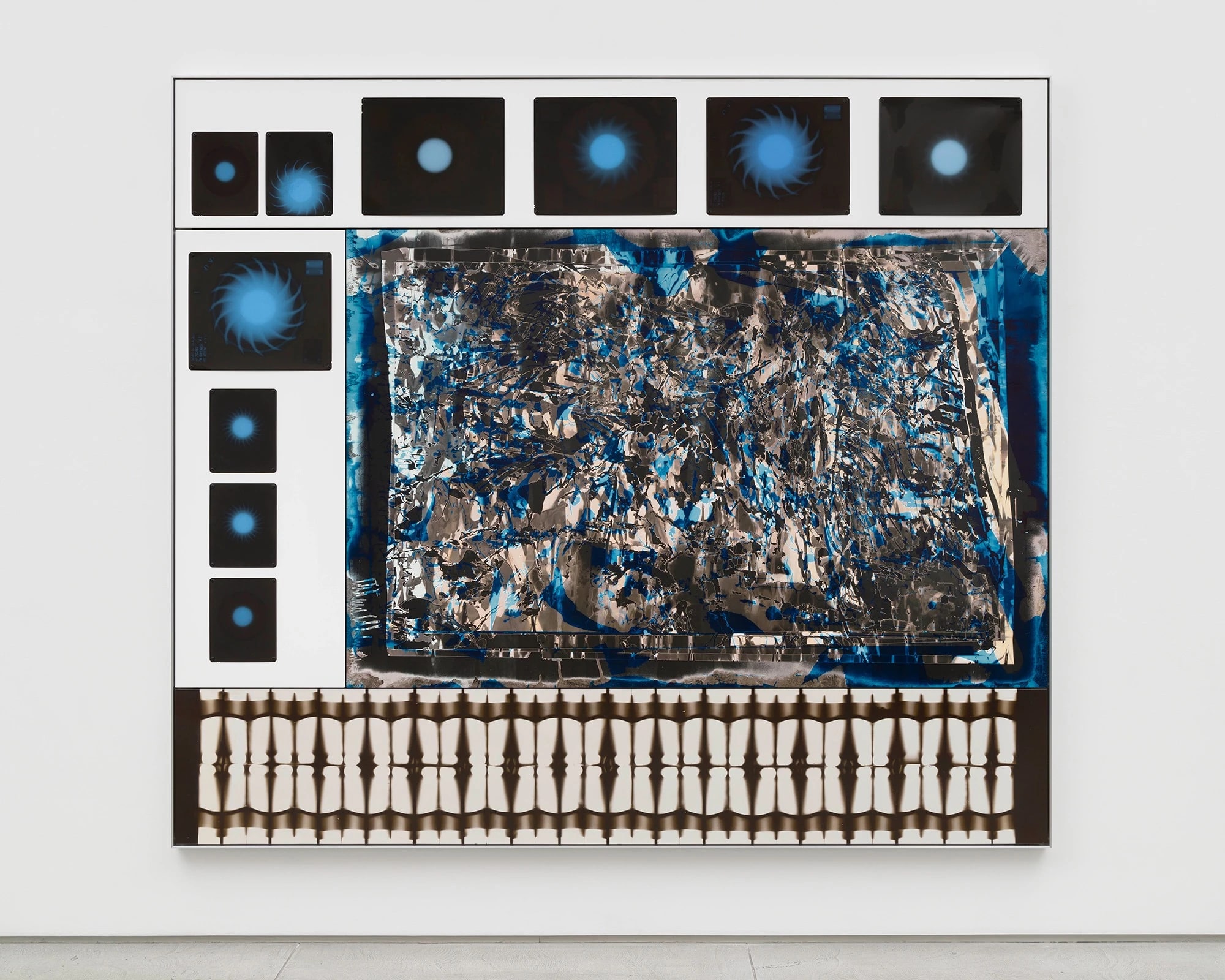 Solar Array (2025)  Unique chemical painting on light-sensitive silver gelatin paper, x-rays, photogram on silver gelatin paper 91 3/4 x 103 x 2 inches