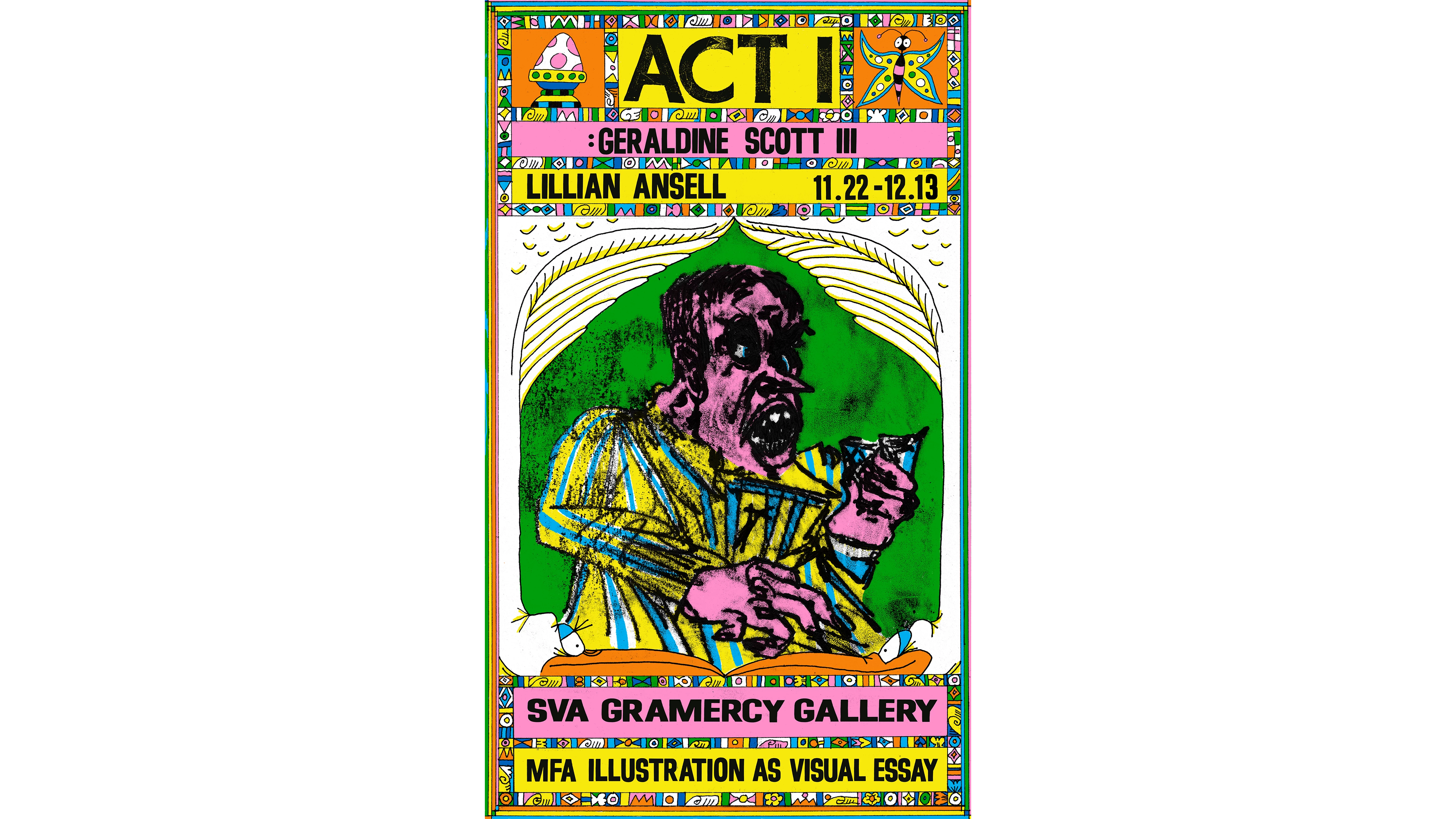 Poster for exhibition with a man in striped suit facing right holding a cigarette. Image is yellow orange pink, and green with black text announcing show.