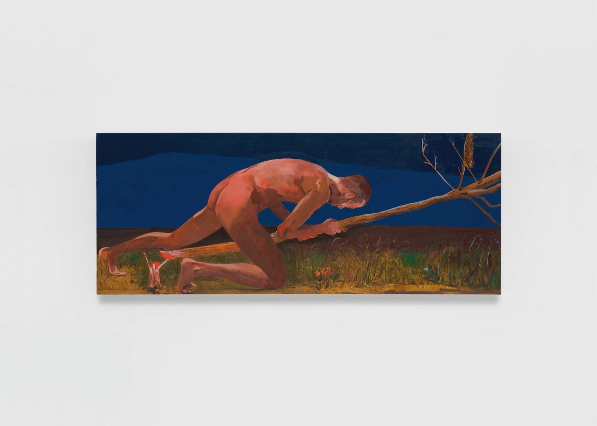 Painting of a man pushing over a tree by Anthony Cudahy, entitled Death instinct (for Bergman, for Tarkovsky), 2024. Oil on linen, 4 x 10 ft.
