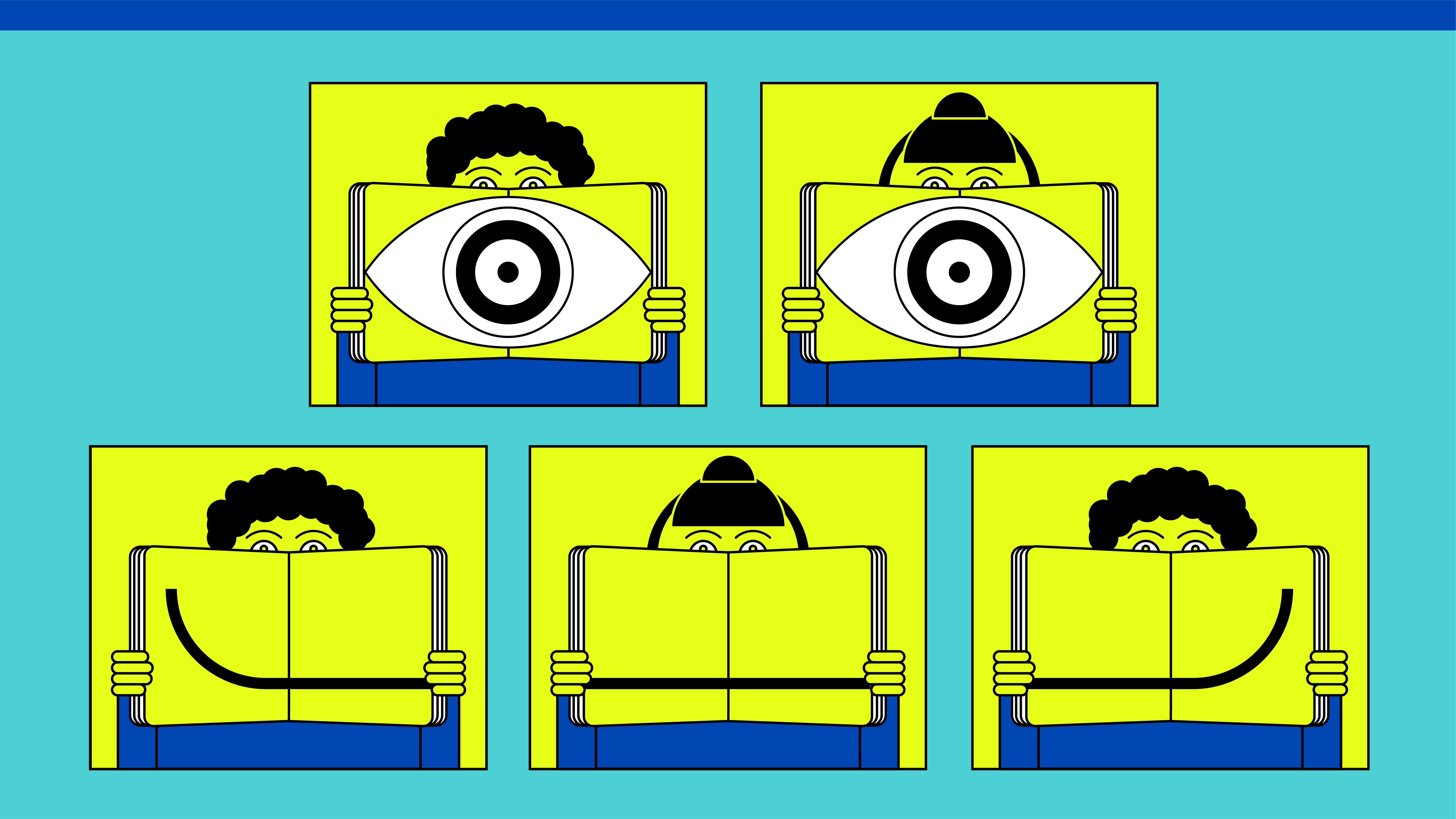 Illustration of children in an online chat room showing drawings that make up a smiley face