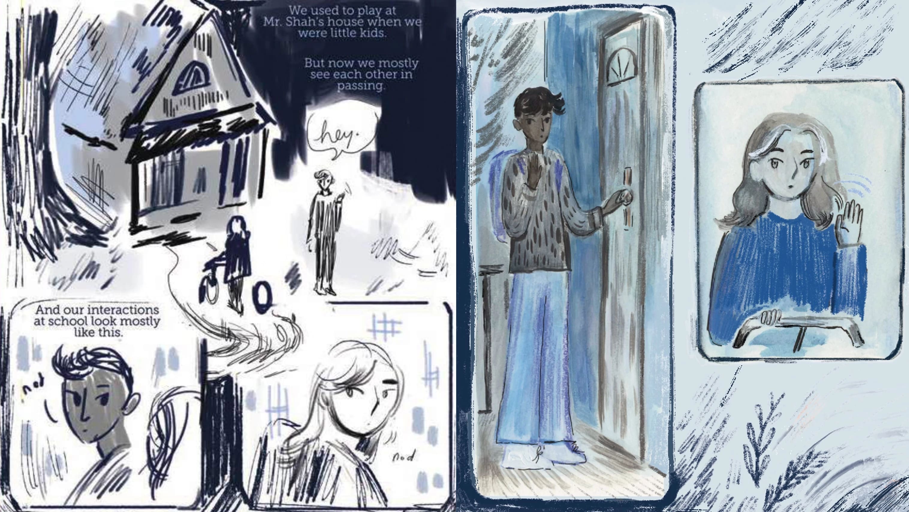 side by side of a sketch vs a finished comic page of two teens awkwardly saying hi to each other.