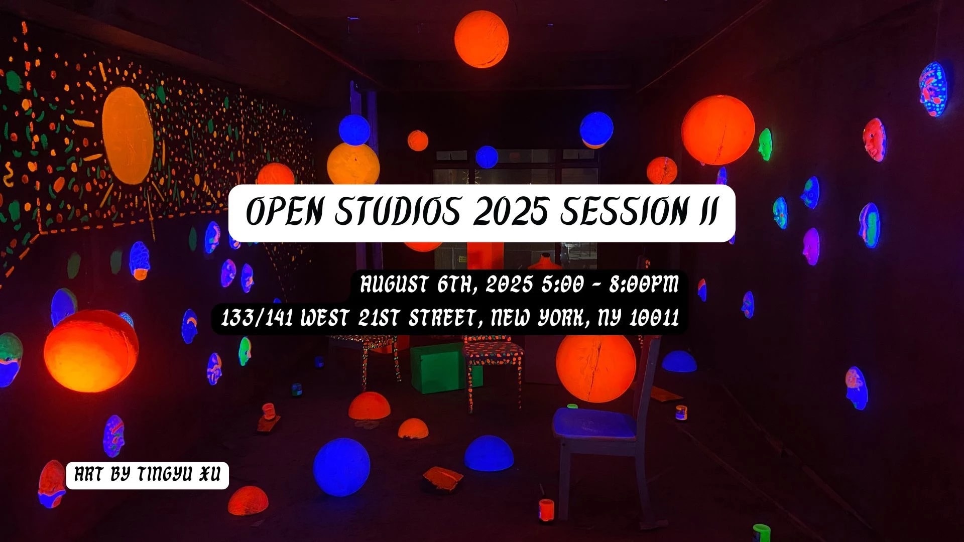 a photo of a dark room with black light-illuminated wall paint and spherical lights with the title "Open Studios 2025 Session" overlaid
