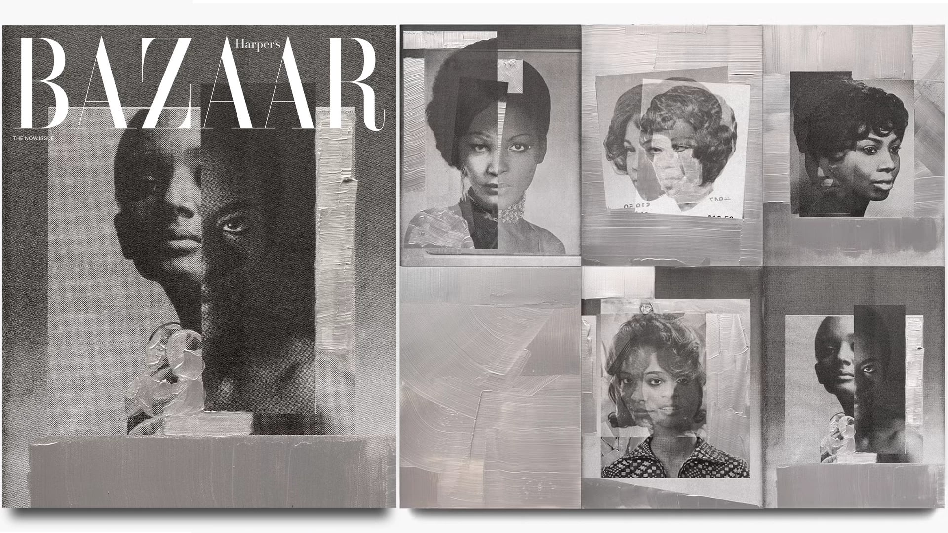On the left is a Harper's Bazaar magazine cover with a grayscale aesthetic featuring two pictures of black people and white and gray paint. THe right pictures that cover along with five others, one of them simply being gray with main strokes of lighter gray and white.