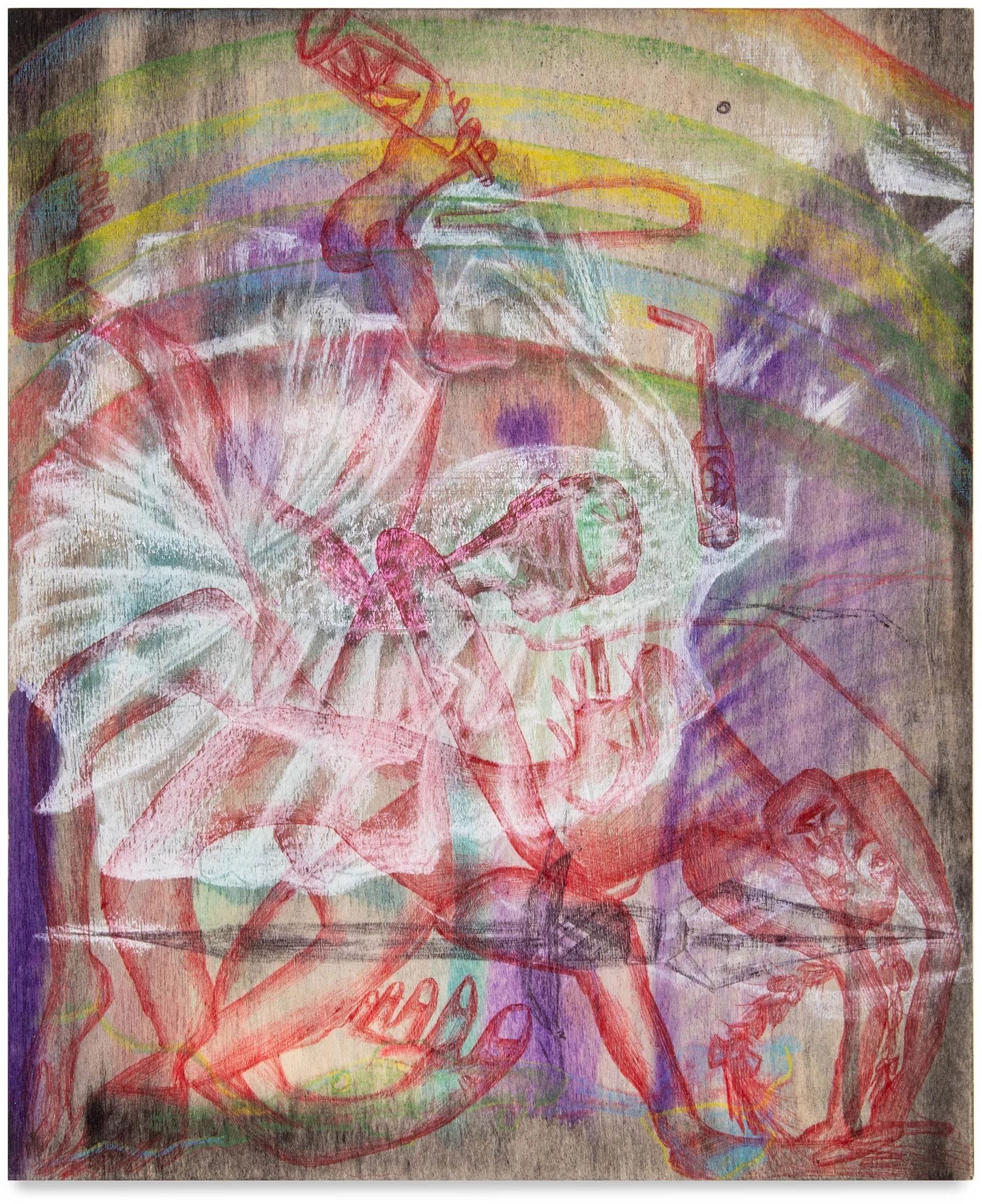 An semi-abstract drawing showing ballerina-like figures in various poses, overlaid atop each other as though in motion.